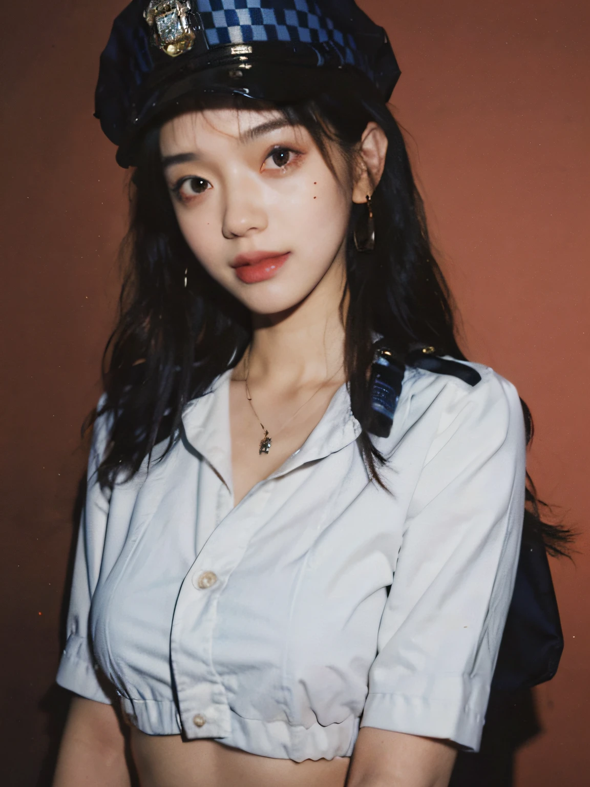 simple background,(Wearing a female police uniform and a police cap:1.4), solo, good hand,4k, high-res, masterpiece, best quality,((Hasselblad photography)), finely detailed skin, sharp focus, (cinematic lighting), soft lighting, dynamic angle, [:(detailed face:1.2):0.2],midriff peek, medium breasts, breasts,(((inside mansion))),1girl, jewelry,earrings, orange_sky, solo, mole, long_hair, mole under eye, upper body, grey eyes, looking at viewer,black hair,Fashion,(head tilt:1.4), red background, lips, slightly smile