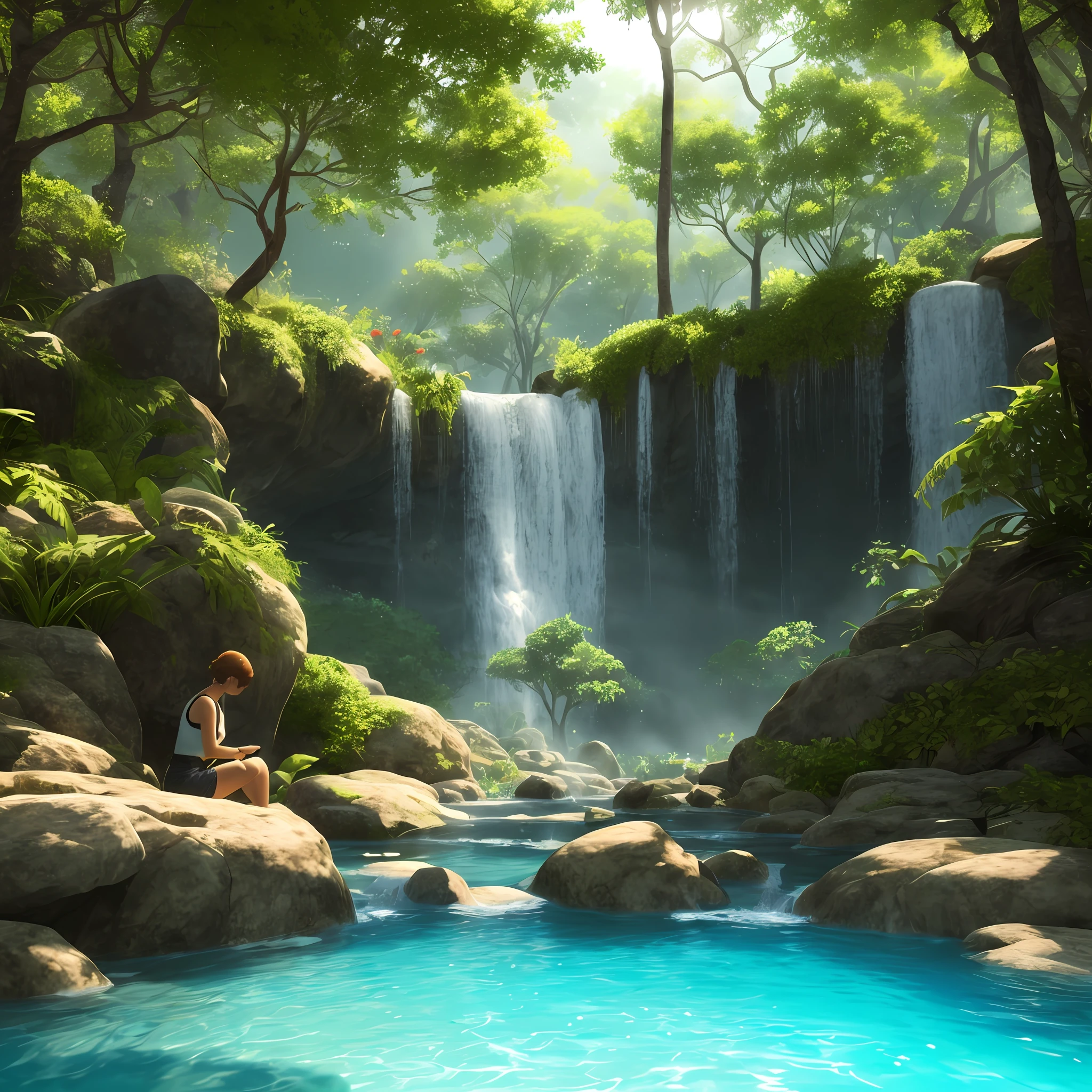 Already a woman, short hair with a tunic, com os olhos fechados, corpo inteiro, up hands,Obra-prima, melhor qualidade, (papel de parede CG 8k muito detalhado), (melhor qualidade), (best illustration), (melhores sombras), sprite brilhante, com um cervo brilhante, in the pool Drinking water, elementos naturais no tema da floresta . Floresta misteriosa, bela floresta, natureza, cercada por flores, folhas delicadas e galhos cercados por vaga-lumes (elementos naturais), (tema da selva), (folhas), (galhos), (vaga-lumes), (particle effects) etc. 3D , Octane renderização, ray tracing, super detalhado --auto