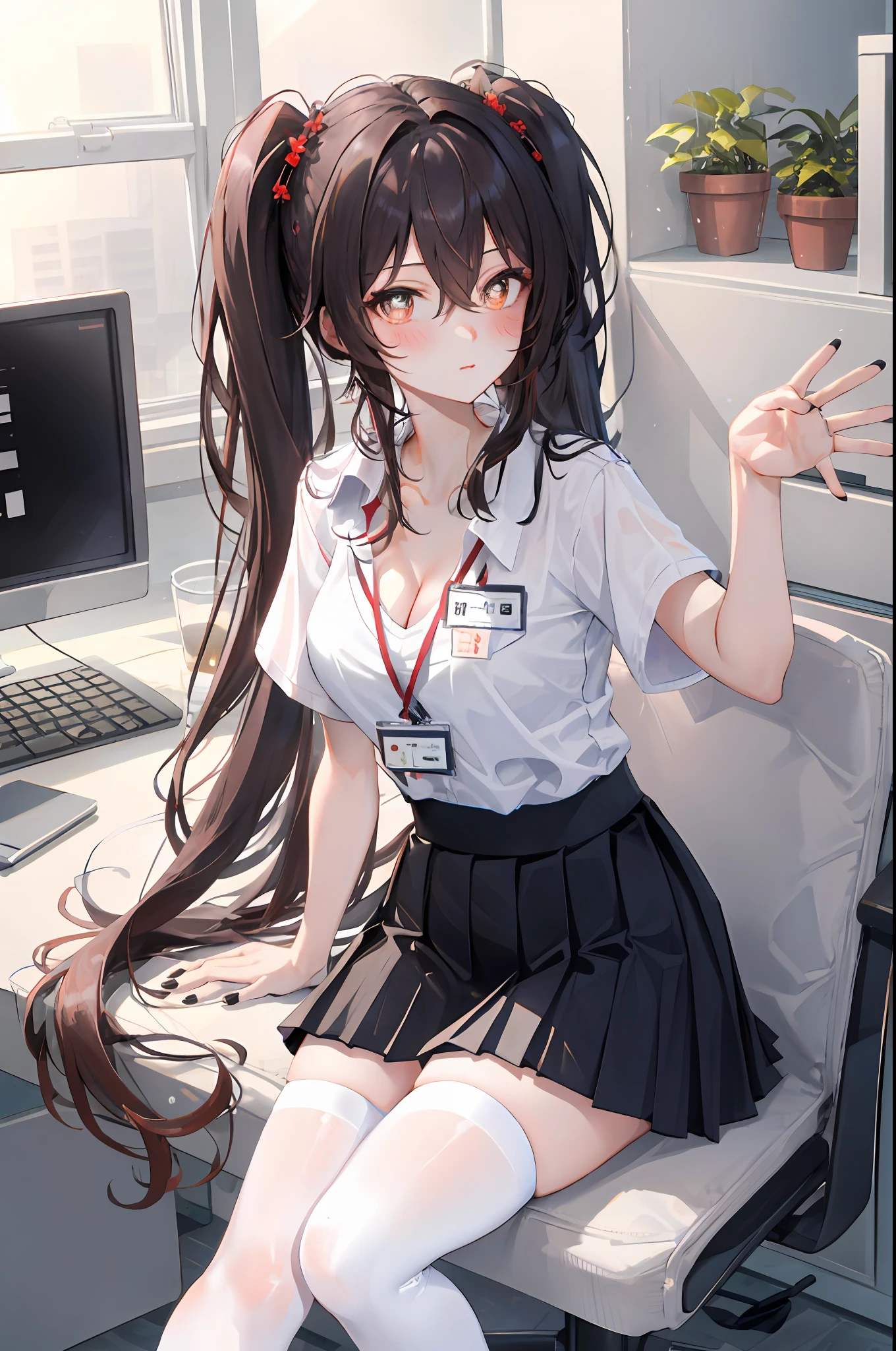 Hu Tao, 1girl, solo, ((white shirt)), black thighhighs, breasts, cleavage, uniform, office background, black skirt, pleated skirt, office, hair between eyes, brown eyes, flower pupils, medium breasts, long hair, looking at viewer, Black hair, brown short nails, solo, thighhighs, thighs, very long hair, ((masterpiece)), sitting, chair, desk, computer on desk, name tag, id tag, indoor, blush, sexy pose, ((long twintail)), short sleeve,