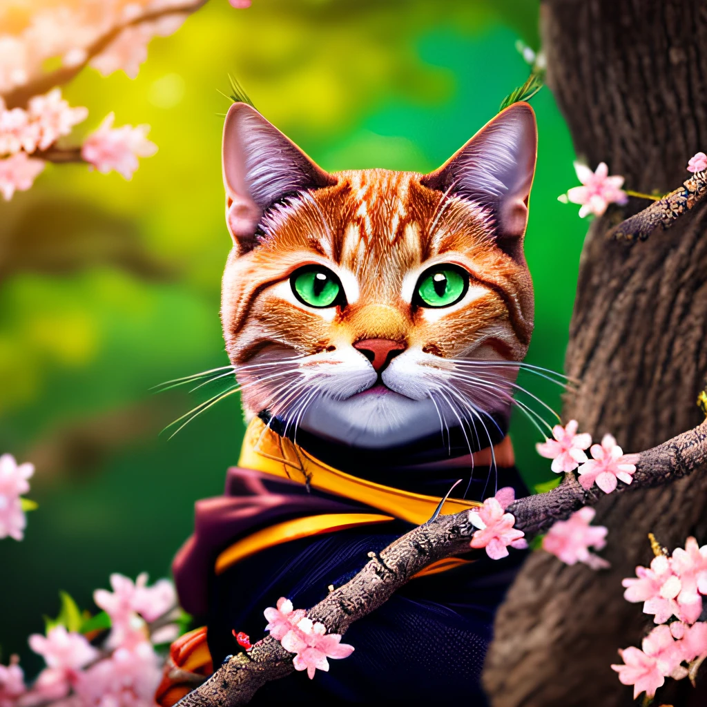 Lindo gato ninja, com roupas de ninja, katanas, e arvores sakura de fundo, sakura background, staring directly at camera, olhos bonitos, detalhado, masterpiece, colorido, saturado, cinemátiico, realista, cores vibrantes