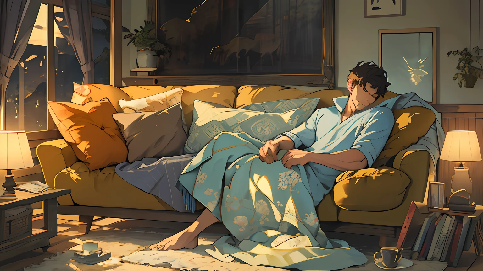 "A man peacefully sleeping on a sofa by the window, wrapped in a cozy blanket, as the soft light of dawn illuminates the room. The tranquil atmosphere carries a hint of fantasy. making this masterpiece a best quality creation.