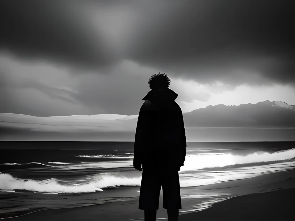 A dramatic seascape with a lone figure standing on the beach. The beach is wide and sandy, stretching as far as the eye can see in either direction. The sea is wild and stormy, with crashing waves and frothing whitecaps. The lone figure in the foreground is standing with their back to the viewer, looking out over the churning sea. They are dressed in heavy, weather-worn clothing and their hair is being whipped around by the strong winds. The sky above is dark and brooding, with storm clouds gathering on the horizon. The lighting is dark and moody, with deep shadows and dramatic highlights adding to the sense of impending storminess. The overall emotion conveyed should be one of awe, respect, and a sense of the raw power of nature.
