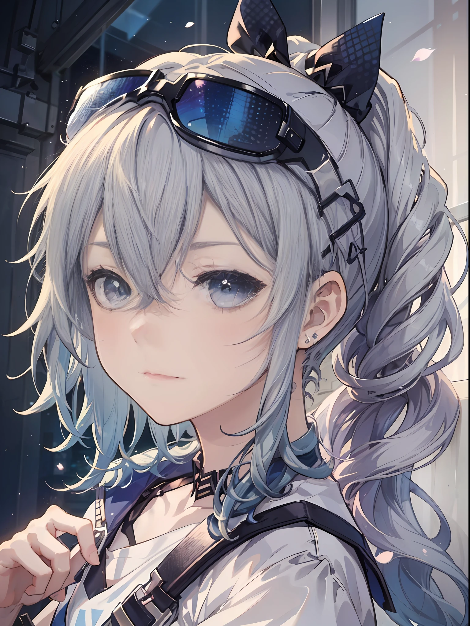 Exquisite masterpiece, best quality, illustration style, anime girl, beautiful eyes, close one eye, natural expression, blue-purple gradient ski goggles, gray curly ponytail, white short sleeves with jeans, small, heartwarming, youthful and beautiful, mobile capture, large aperture portrait, white picture, strong contrast between light and shadow, super texture, super clear and concise picture, presenting extremely beautiful, elegant temperament, delicate face, outdoor green walking, flowers