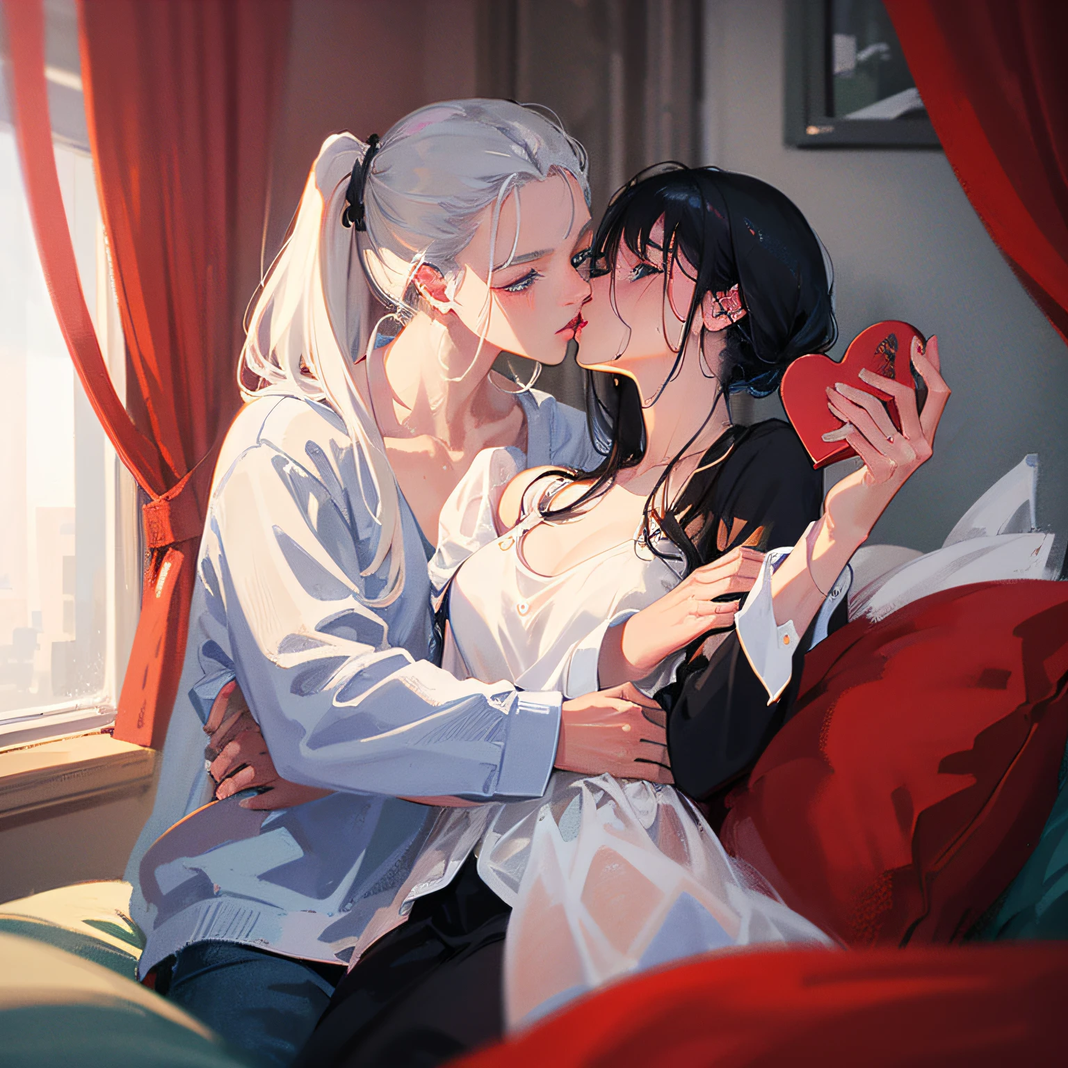 Style, tmasterpiece, best qualityer, hyper-detailing, illustration, Romantic, (A pair in the bedroom), Seated, handshake, Red, Love, Atmosphere of love,kawaii, person, Valentine's Day theme, white and red tones, celebrating, blissful, Girl with gray hair, Blue eyes, pony tails, Kiss, ((Details of a deep black tear-haired man)), --auto