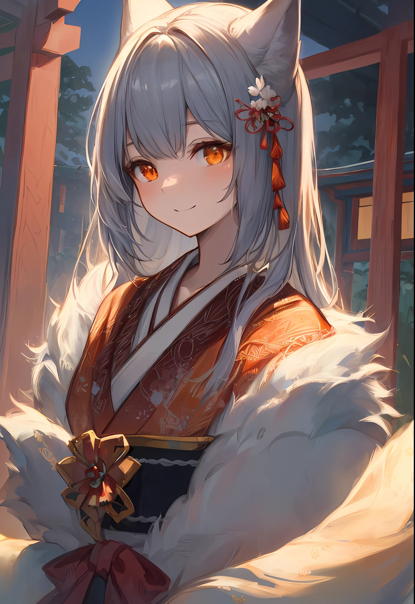 ((best quality)),((beautifully painted)),((extremely delicate and beautiful)),((super delicate)),((world masterpiece)),((delicate and intricate hair)),((detailed beautiful eyes)),((highres)),((very precise detailed)),((very fine 8KCG wallpapers))、1a person、White fox ears woman、Japanese shrine maiden、Orange eyes、a smile、upper body