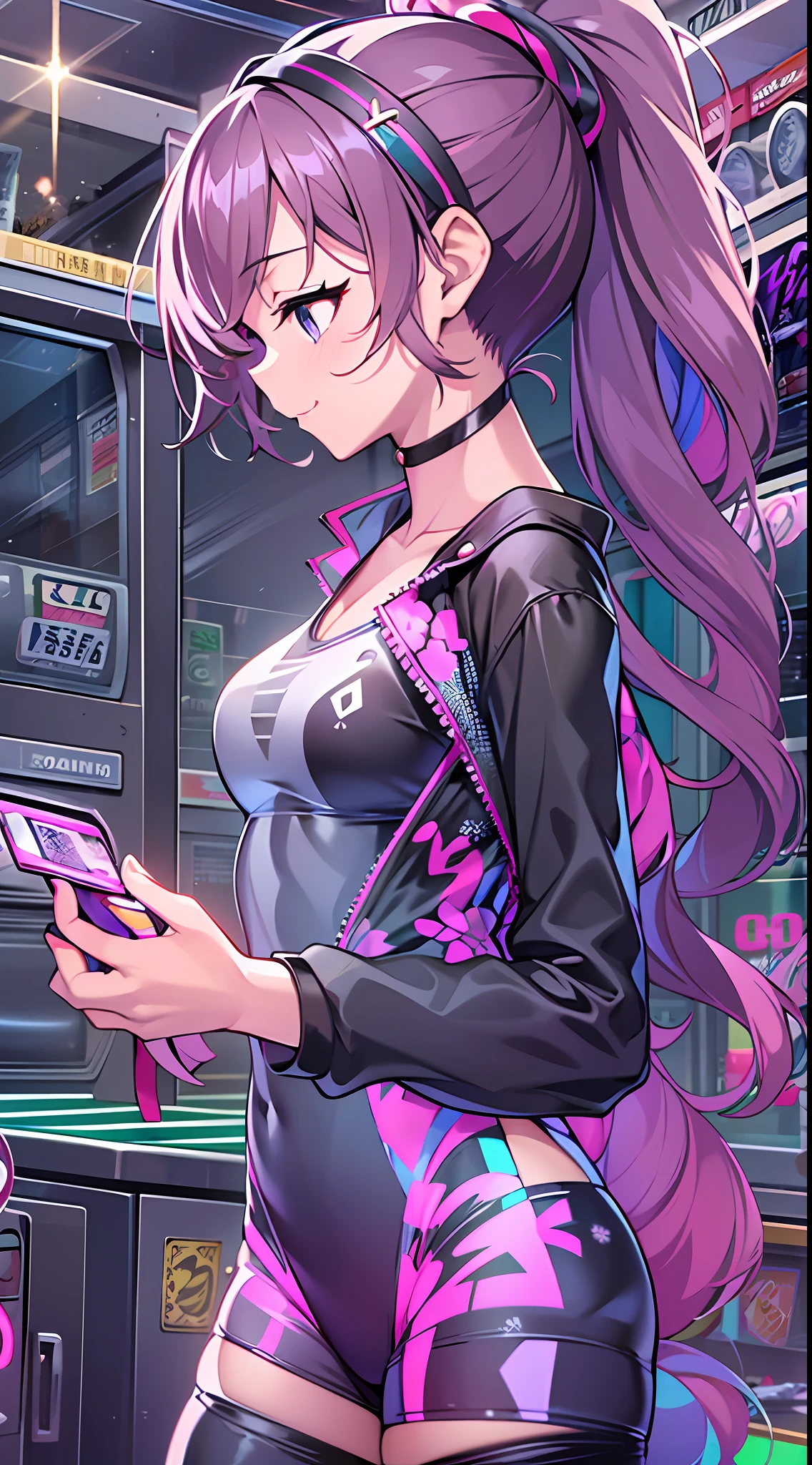 ((Masterpiece)), best quality, absurderes, ultra detailed, holographic, cowboy shot, golden ratio, super cute girl, mature girl, idol girl, super beautiful asian girl with very beautiful violet glowing eyes, beautiful glowing brown multicolored hair, high ponytail, nice and sexy body, slim body, perfect body, wearing a super tight anime printed leotard, an anime printed super tight off shoulder long sleeve crop top, a super aesthetic transparent mini jacket, beautiful hair ornament, pink jordan tennis, playing with her handsome otaku skinny boyfriend, with black messy glowing hair, in the gacha machine