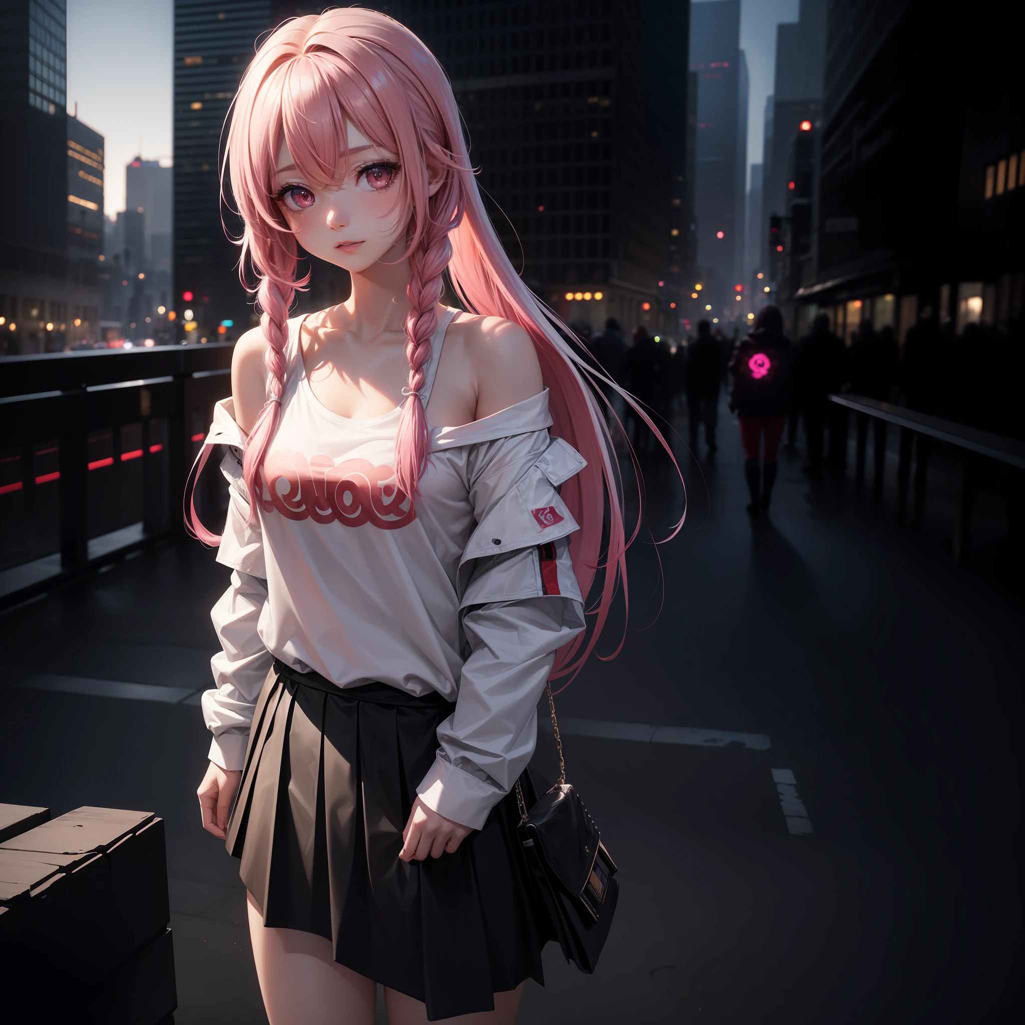 1girl, solo, li, pee, (very_long_hair), (pink_hair:1.2), braids, (red_eyes), medium_breasts, (white_shirt:1.5), (windbreaker), (off_shoulder:1.2), (portrait), glowing_eyes, background_light, (cityscape:1.5), (pleated skirt, )(neon_lights:1.2), (science), cyberpunk, ((masterpiece)), (highres), (best_quality), (highly_detailed), (original),(Delicate background),(extremely detailed 8K wallpaper),cinematic lighting, volume lighting, light particles, shaded_face, beautiful_detailed_eyes, depth_of_field, perspective, --auto