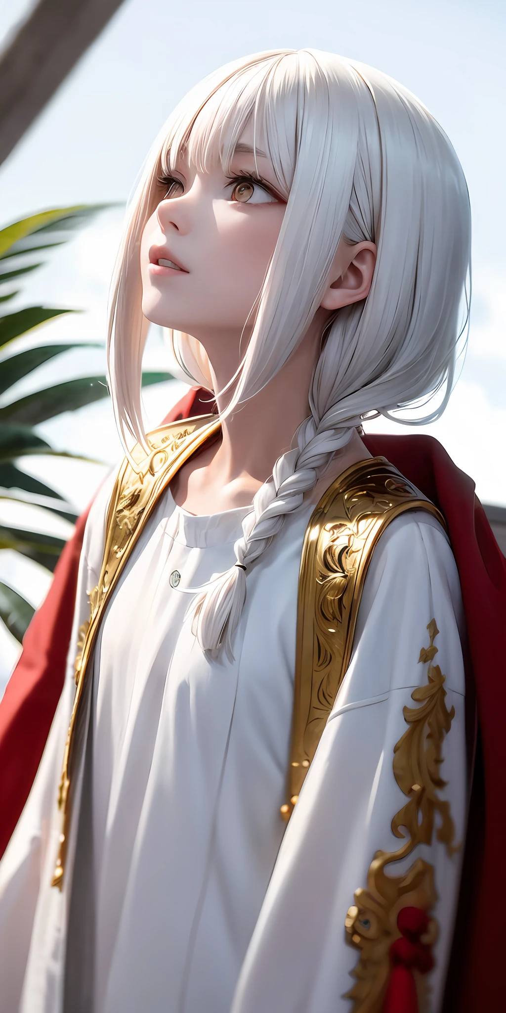 best quality, masterpiece,white hair, gold eyes,white clothes, looking up, upper body,hair strand,Fair skin,side braids
