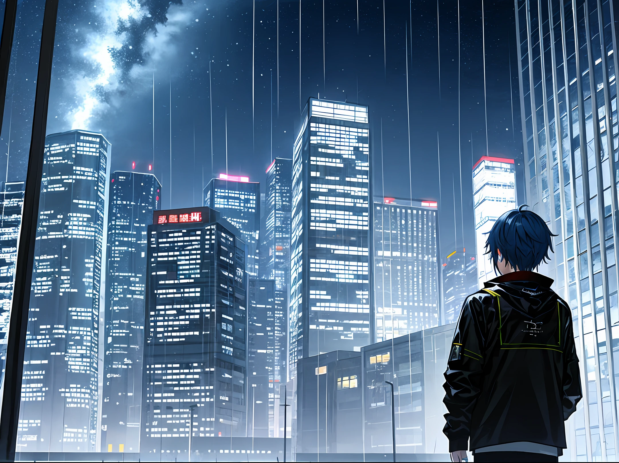 cyber punk perssonage,aquarius,nighttime scene,城市,rained,Monotonous colors,best qualtiy,500×500