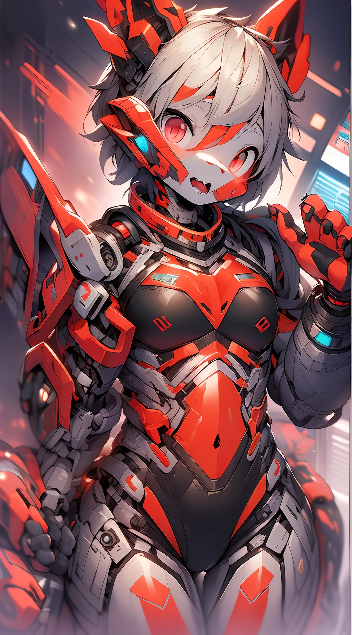 The dragon girl in the mecha，Dark gray hair，red color eyes，adolable，Mechanical nanoskin，black reotard，Black mid-tube socks，full bodyesbian，nakeness，Shota