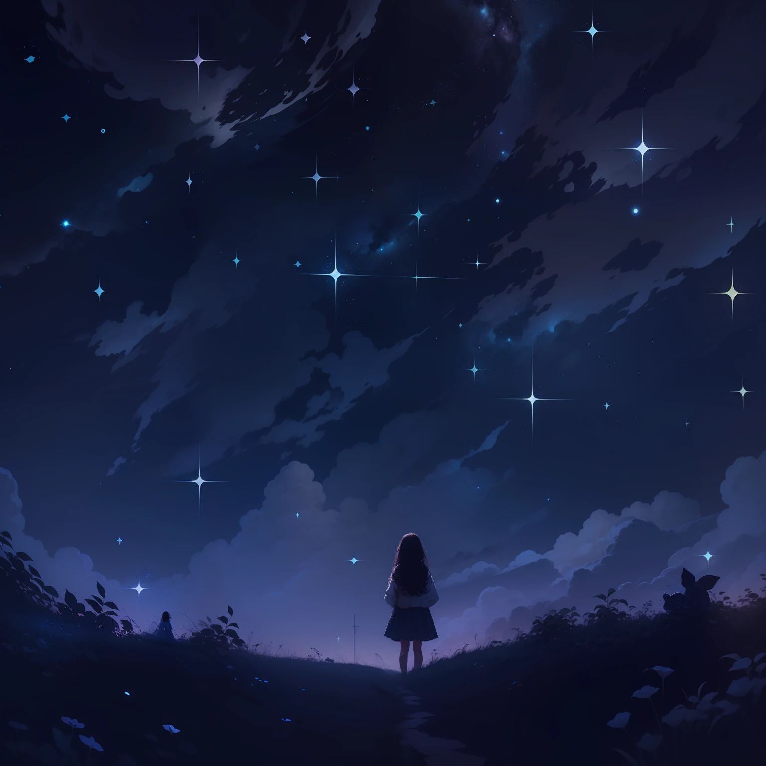 The girl looked at the starry sky,Back Shadow,illustration,There are stars,nigth