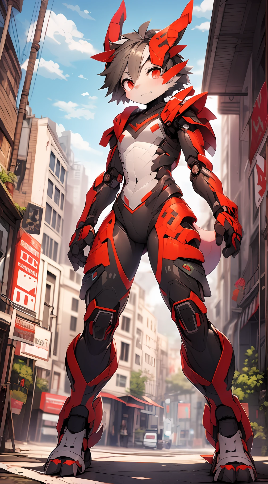 The dragon girl in the mecha,Dark gray hair,red color eyes,adolable,Mechanical nanoskin,black reotard,Black mid-tube socks,full bodyesbian,nakeness,Shota