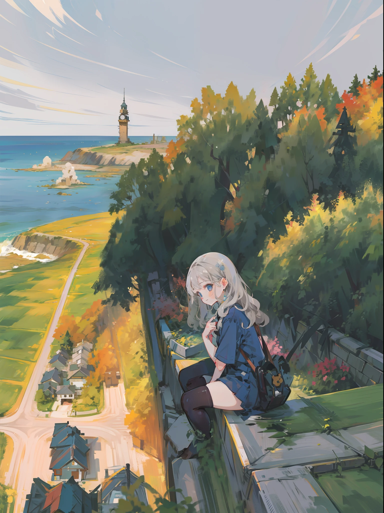Very beautiful woman sitting next to a big clock on top of a high brick tower。Smiling。Composition looking down from above。。Silver wavy hair。Dress with the image of work clothes with beautiful ruffles and decorations。overknee socks。Brick cityscapes are lined up under the tower。Expansive blue sky。Dynamic composition with depth。Extremely high quality、high-level image quality、Extremely delicate drawing。Rarely seen workmanship