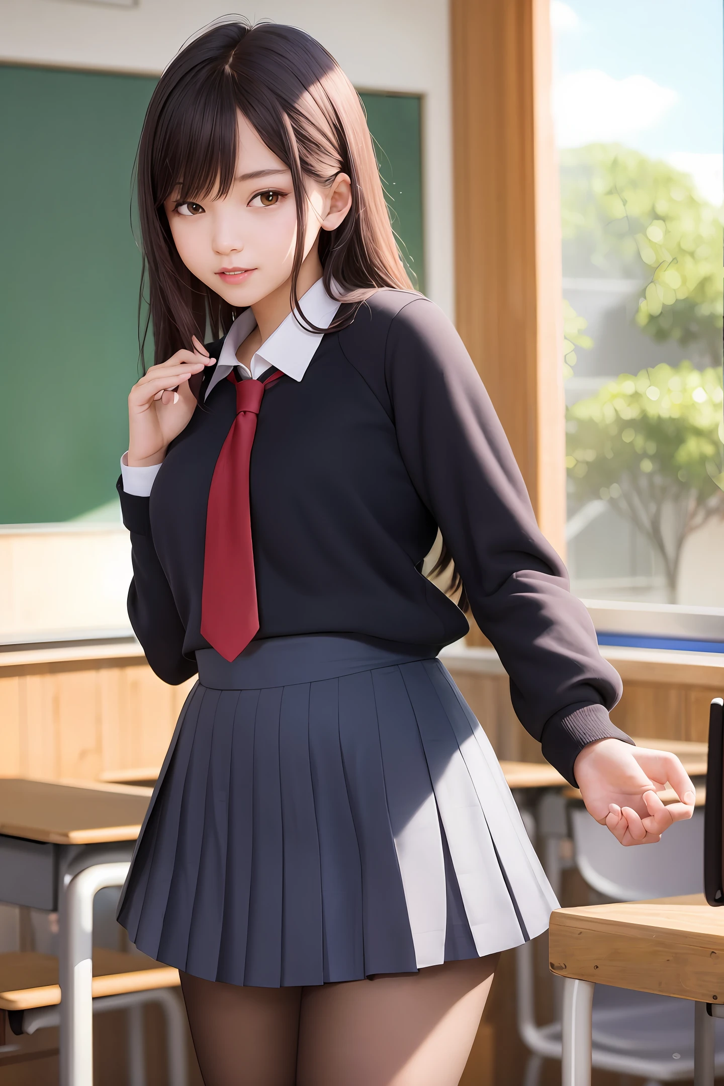 RAW Photo, 8K, Photorealistic, High Resolution, Depth of Field, Chromatic Aberration, Solo, Single Girl, Beautiful Schoolgirl, Perfect Slender Figure, Cheerful Smile, Light Brown Short Bob, White Skin, Glossy Skin, Natural Makeup, Big Round Breasts, School, Sitting on Classroom Desk, School Uniform, Cute Ribbon Tie, White Shirt, Black Tight Mini Skirt