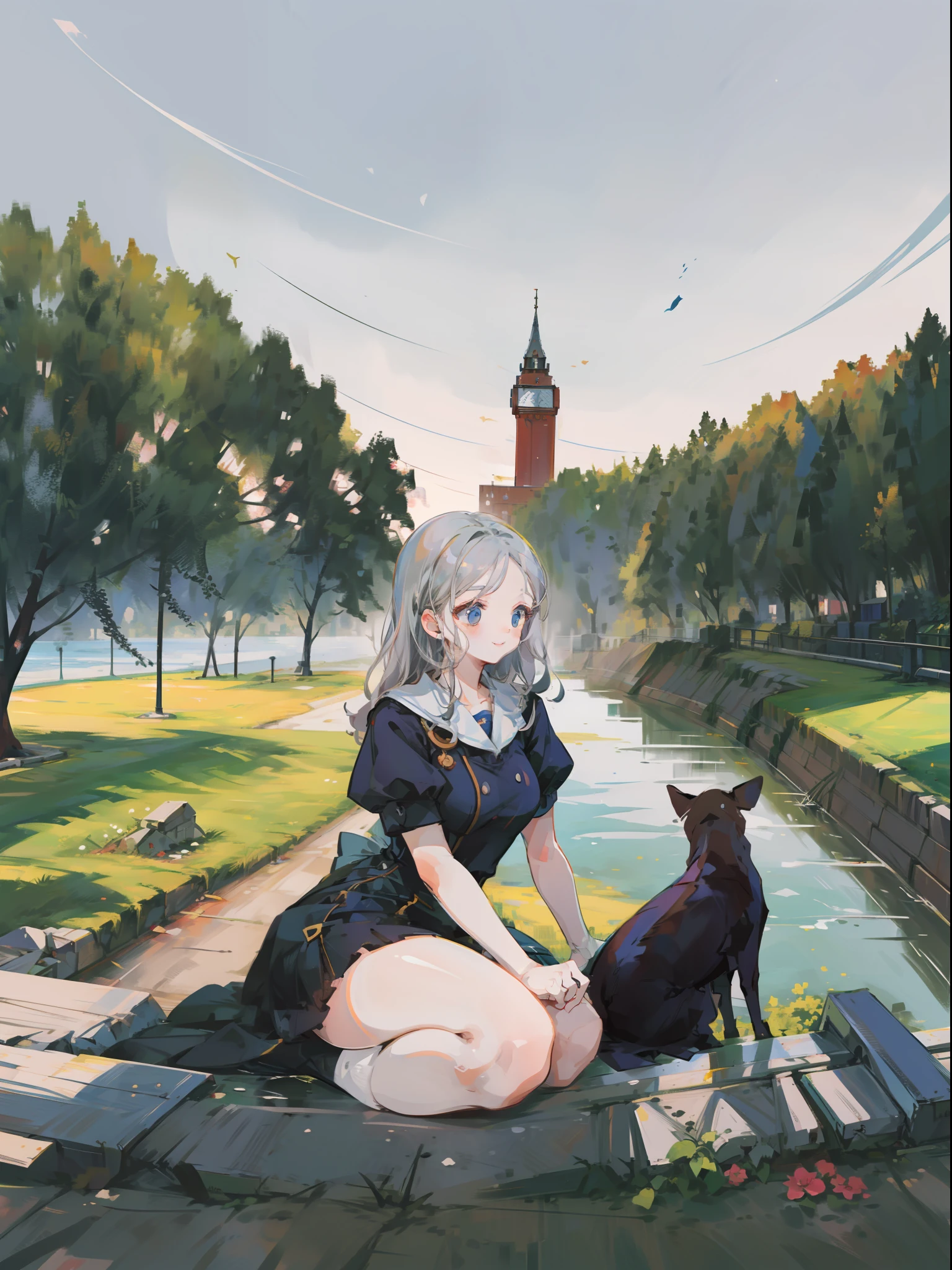Very beautiful woman sitting next to a big clock on top of a high brick tower。Smiling。Composition looking down from above。。Silver wavy hair。Dress with the image of work clothes with beautiful ruffles and decorations。overknee socks。Brick cityscapes are lined up under the tower。Expansive blue sky。Dynamic composition with depth。Extremely high quality、high-level image quality、Extremely delicate drawing。Rarely seen workmanship