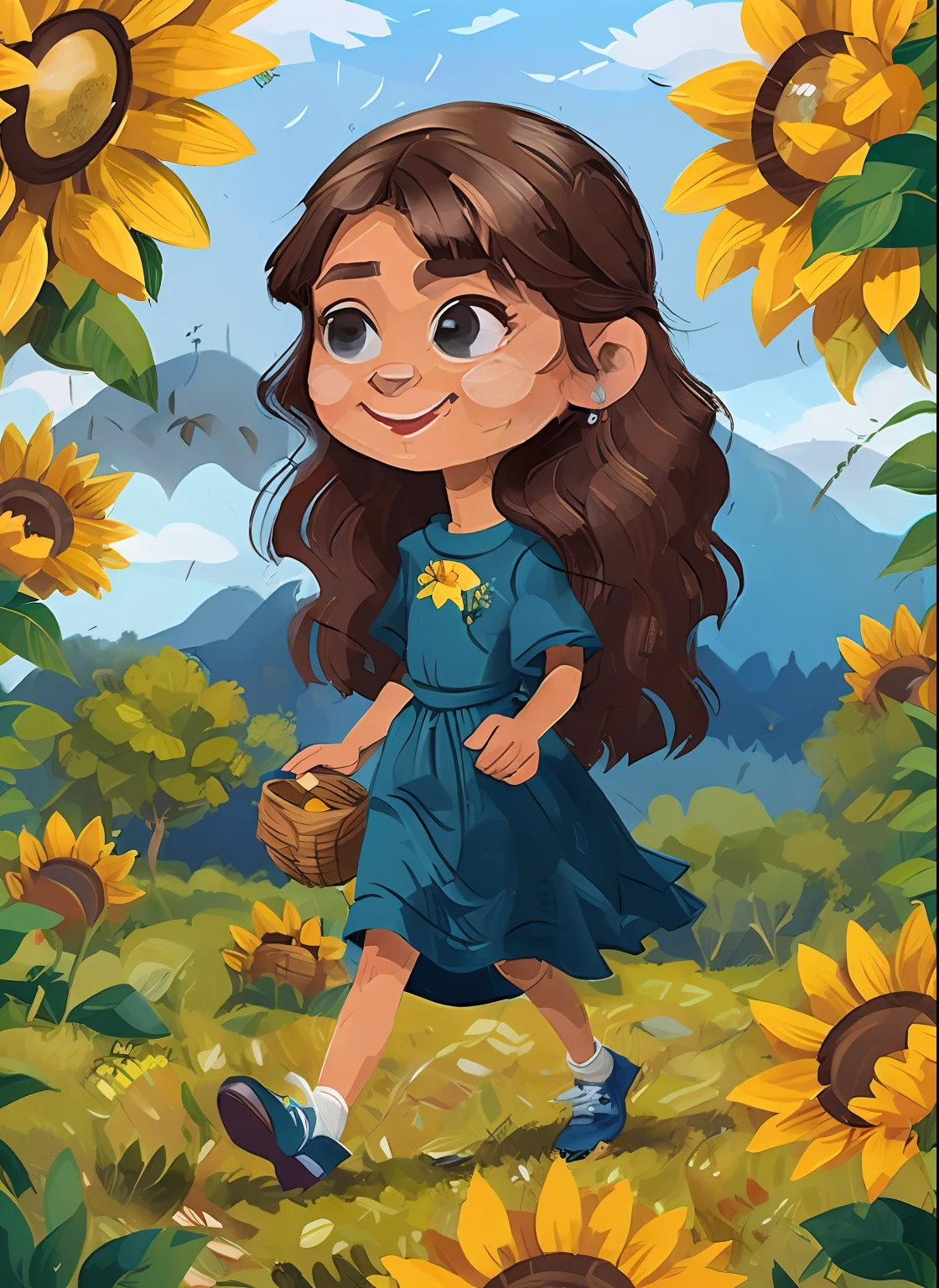 (uma pintura de mse) (Pinceladas) (obra-prima, melhor qualidade), Close-up of the face of an 18-year-old girl with long dark hair running in a field of sunflowers, warm ilumination, vestido branco , detailed facial features, delicado com 1 menina de 6 anos, longos cabelos escuros e cacheados, delicate strokes, olhos puxados e castanhos e vestido rosa e 1 menina de 4 anos, cabelos escuros na altura do queixo e franja, olhos castanhos e brilhantes e vestido azul. qualidade perfeita，Clear focus（Desordem - Home：0.8）， （obra-prima：1.2） （realista：1.2） （Bokeh） （melhor qulity） （pele detalhada：1.3） （detalhes complexos） （8k） （olhos detalhados） （foco nítido）,（Divirta-se）