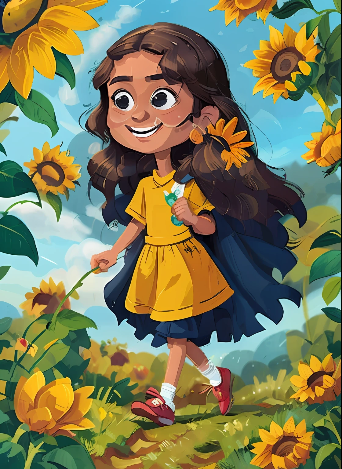 (uma pintura de mse) (Pinceladas) (obra-prima, melhor qualidade), Close-up of the face of an 18-year-old girl with long dark hair running in a field of sunflowers, warm ilumination, vestido branco , detailed facial features, delicado com 1 menina de 6 anos, longos cabelos escuros e cacheados, delicate strokes, olhos puxados e castanhos e vestido rosa e 1 menina de 4 anos, cabelos escuros na altura do queixo e franja, olhos castanhos e brilhantes e vestido azul. qualidade perfeita,Clear focus(Desordem - Home:0.8), (obra-prima:1.2) (realista:1.2) (Bokeh) (melhor qulity) (pele detalhada:1.3) (detalhes complexos) (8k) (olhos detalhados) (foco nítido),(Divirta-se)