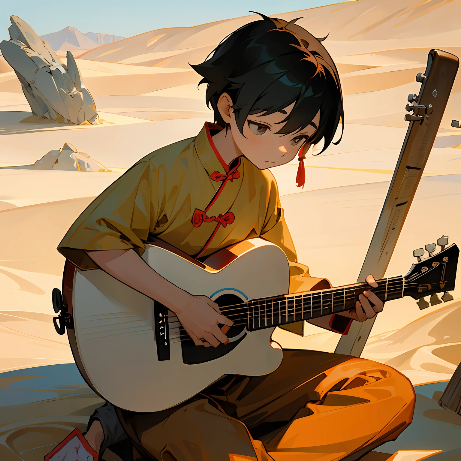 A  sitting in the desert playing guitar Dunhuang elements Chinese style medium scene --auto