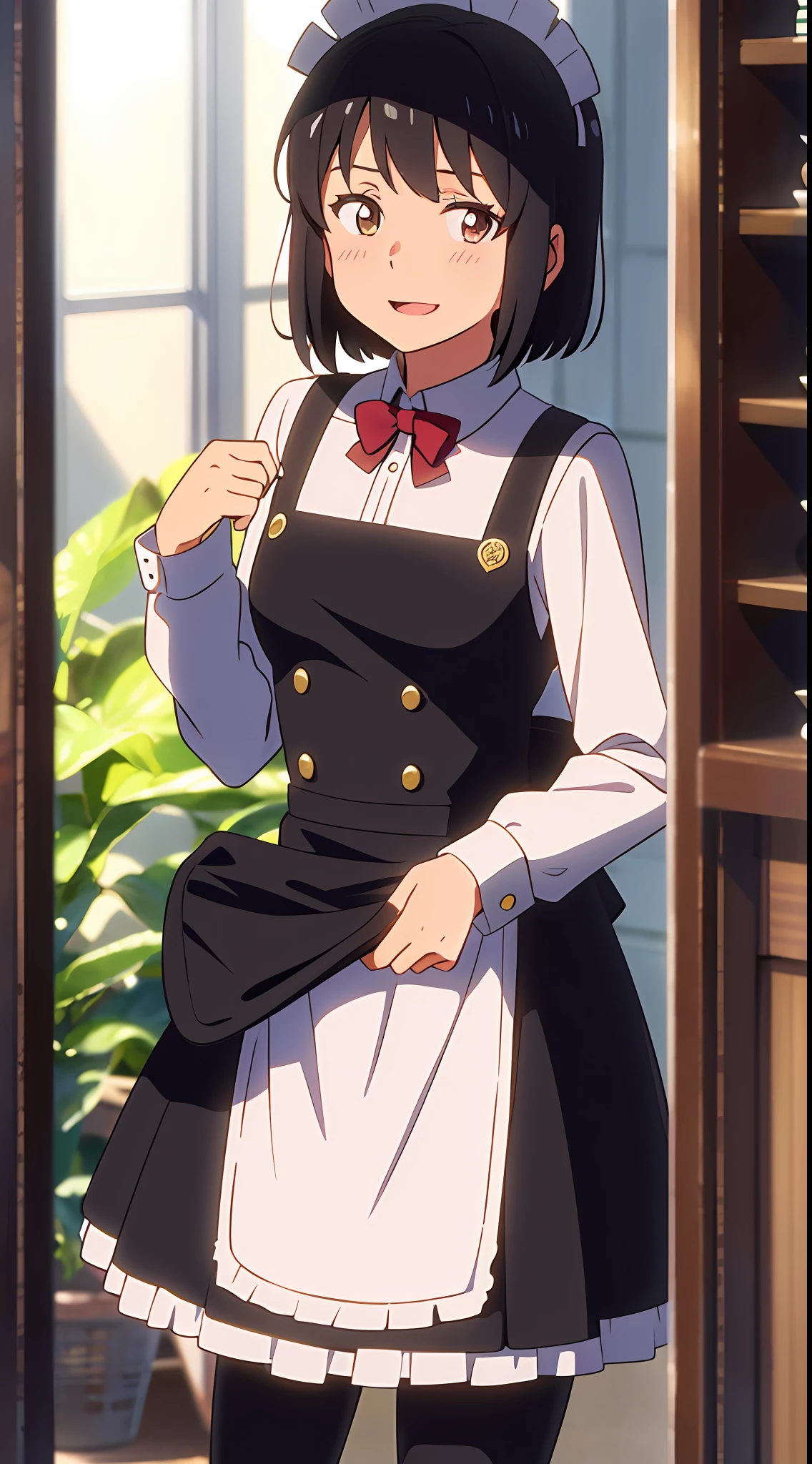 shinkai makoto, kimi no na wa., 1girl, bangs, black hair, blush, brown eyes, shiny skin, red headband, red ribbon, red bow, maid, maid headdress, maid dress, white apron, maid apron, looking at the viewer, short hair, collarbone, cute, smile, open mouth, solo, white hose, full body, long sleeves, cowboy shot, masterpiece, mansion, bookshelf, window, plant, flower
