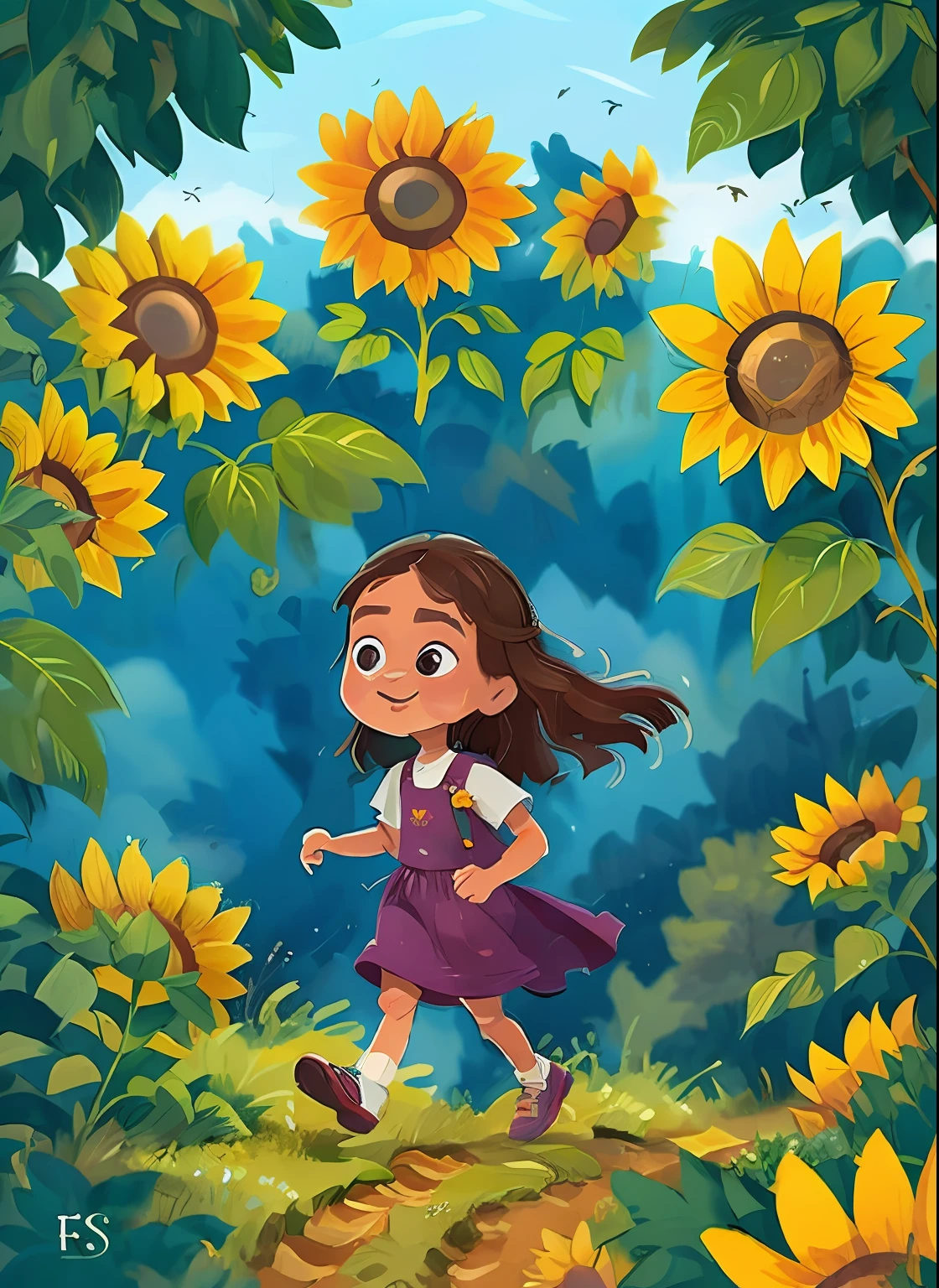 (uma pintura de mse) (Pinceladas) (obra-prima, melhor qualidade), Close-up of the face of an 18-year-old girl with long dark hair running in a field of sunflowers, warm ilumination, vestido branco , detailed facial features, delicado com 1 menina de 6 anos, longos cabelos escuros e cacheados, delicate strokes, olhos puxados e castanhos e vestido rosa e 1 menina de 4 anos, cabelos escuros na altura do queixo e franja, olhos castanhos e brilhantes e vestido azul. qualidade perfeita，Clear focus（Desordem - Home：0.8）， （obra-prima：1.2） （realista：1.2） （Bokeh） （melhor qulity） （pele detalhada：1.3） （detalhes complexos） （8k） （olhos detalhados） （foco nítido）,（Divirta-se）