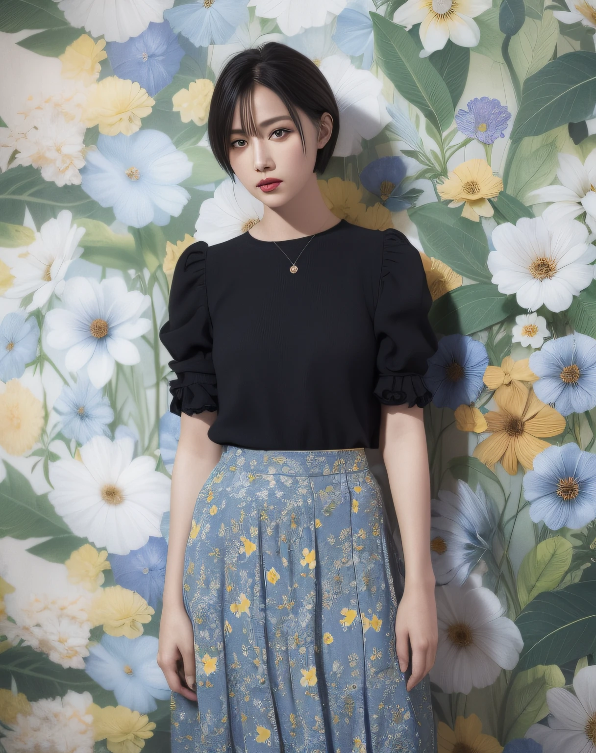 (long skirt:1.2),(blue flowers print:1.2),(yellow flowers print:1.2),(red flowers print:1.3),(birds print:1.2),(leaf print:1.2),1 girl,full body, (short hair:1.1), (realistic:1.7),((best quality)),absurdres,(ultra high res),(photorealistic:1.6),photorealistic,octane render,(hyperrealistic:1.2), (photorealistic face:1.2), (8k), (4k), (Masterpiece),(realistic skin texture), (illustration, cinematic lighting,wallpaper),( beautiful eyes:1.2),((((perfect face)))),(cute),(standing),(black hair),(short hair),black eyes,red lips, (outdoors),