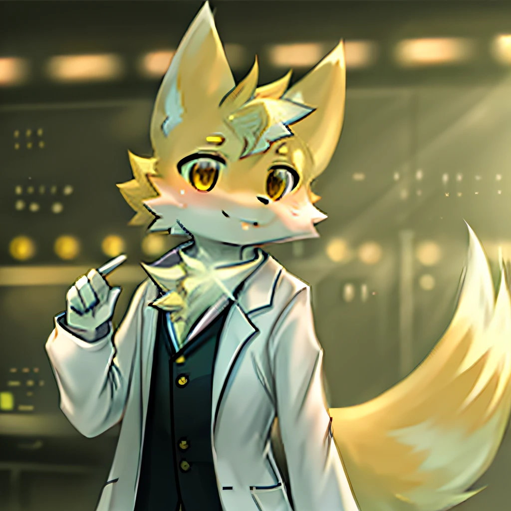 Furry yellow fox dressed as a scientist in the lab