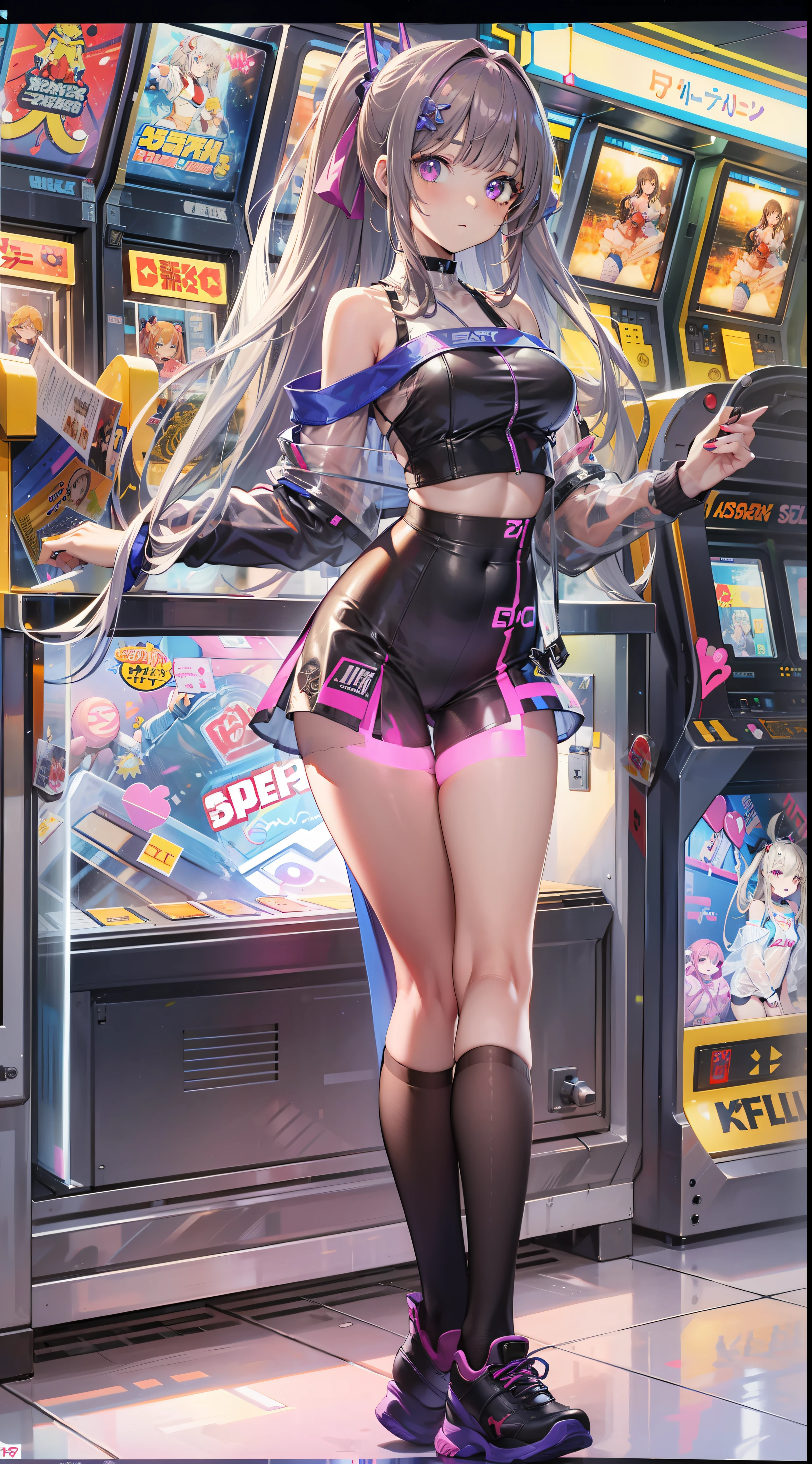 Masterpiece)), best quality, absurderes, ultra detailed, holographic, cowboy shot, golden ratio, super cute girl, mature girl, idol girl, super beautiful asian girl with very beautiful violet glowing eyes, beautiful glowing brown multicolored hair, high ponytail, nice and sexy body, slim body, perfect body, wearing a super tight anime printed leotard, an anime printed super tight off shoulder long sleeve crop top, a super aesthetic transparent mini jacket, beautiful hair ornament, pink jordan tennis, playing with her handsome otaku skinny boyfriend, with black messy glowing hair, in the arcade games