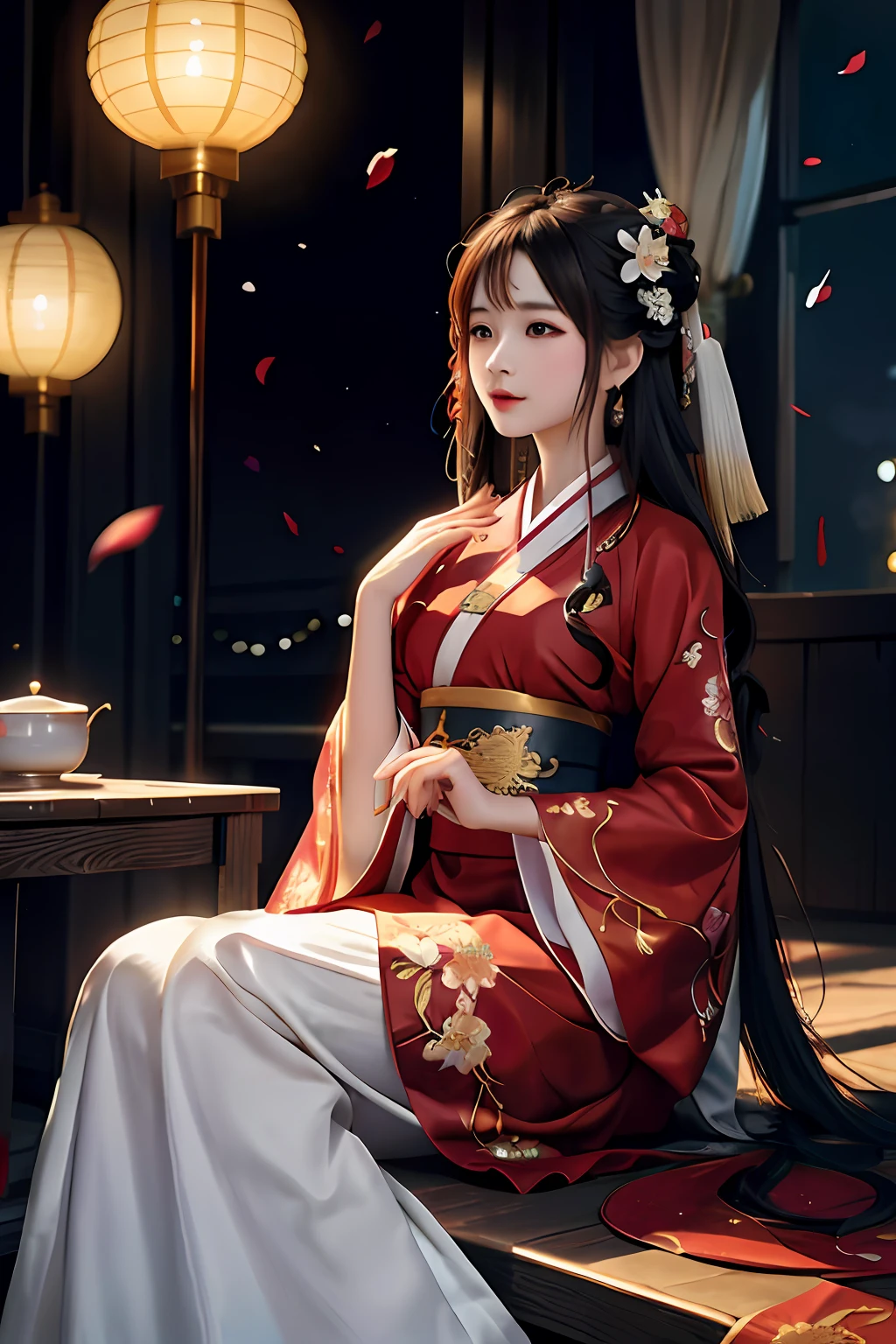 Asian women dressed in traditional costumes sit on benches in restaurants， Girl in Hanfu，Wear white Hanfu with Chinese costume，In the palace gardens，Laid back，red kimono with flower patterns，Like a traditional beauty，wearing gilded red robes，White lotus hairpin ornament，Embroidery，The charm of traditional Chinese clothing，Live a goddess。