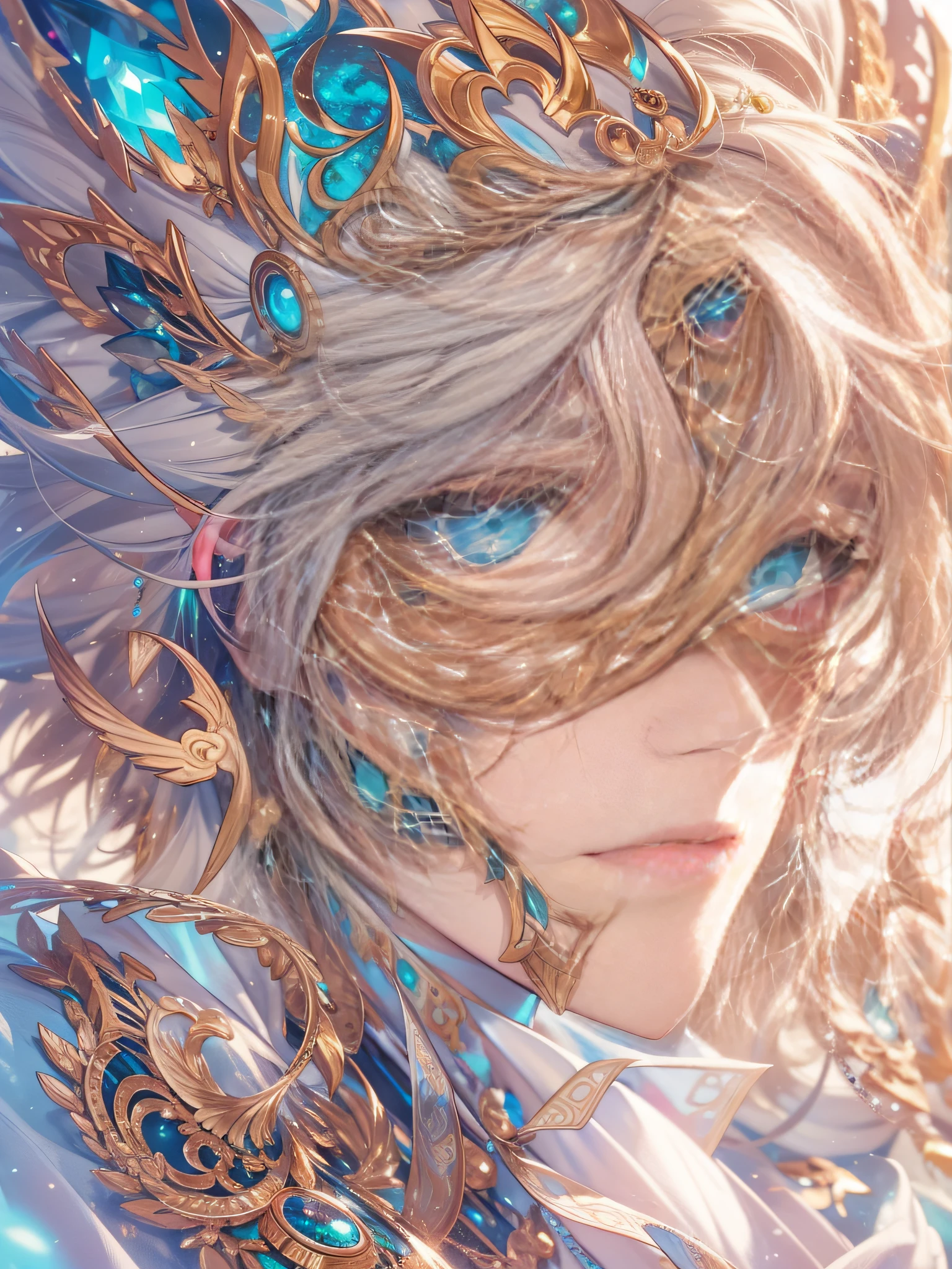 （tmasterpiece，top Quority，best qualtiy，offcial art，Beauty and aesthetics：1.2），The is very detailed，s fractal art，Colorful，Most detailed，（1boy：1.3），Kamimei，golden hair，short detailed hair，（Glowing blue eyes），mistic，Handsome man，Ancient men