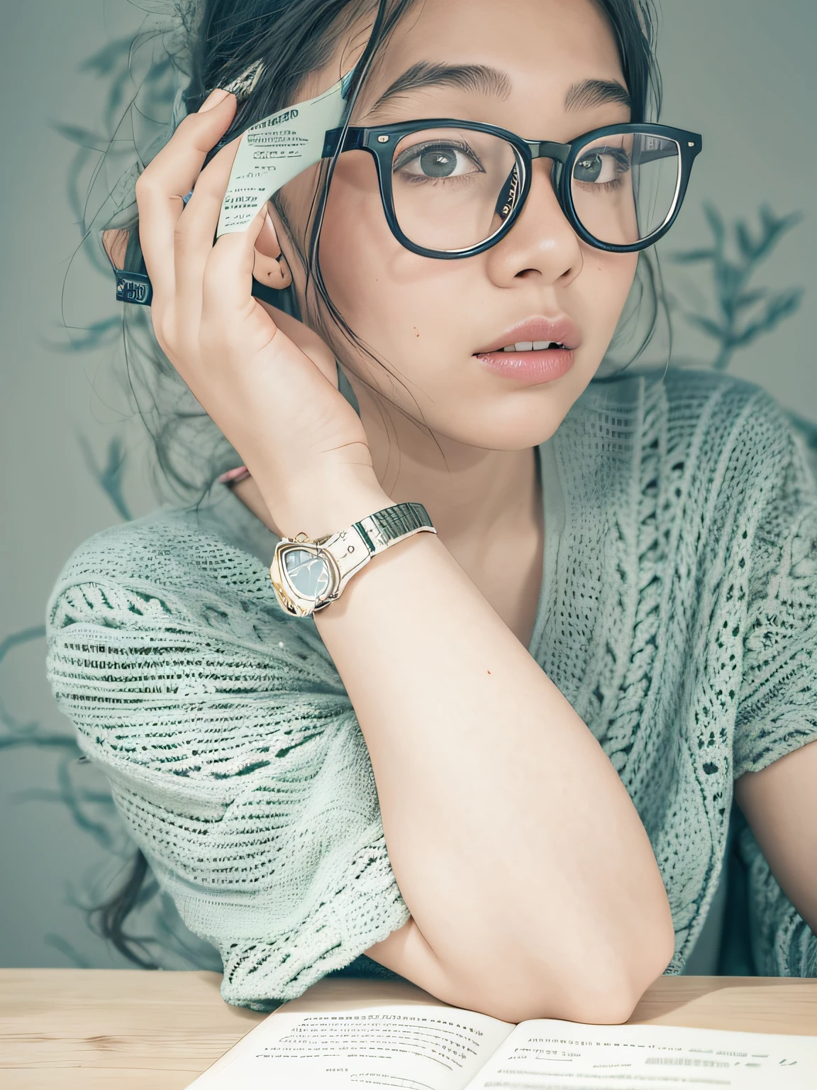 There was a young girl with glasses sitting at the table，Holding a book, With glasses, !!wearing modern glasses!!,