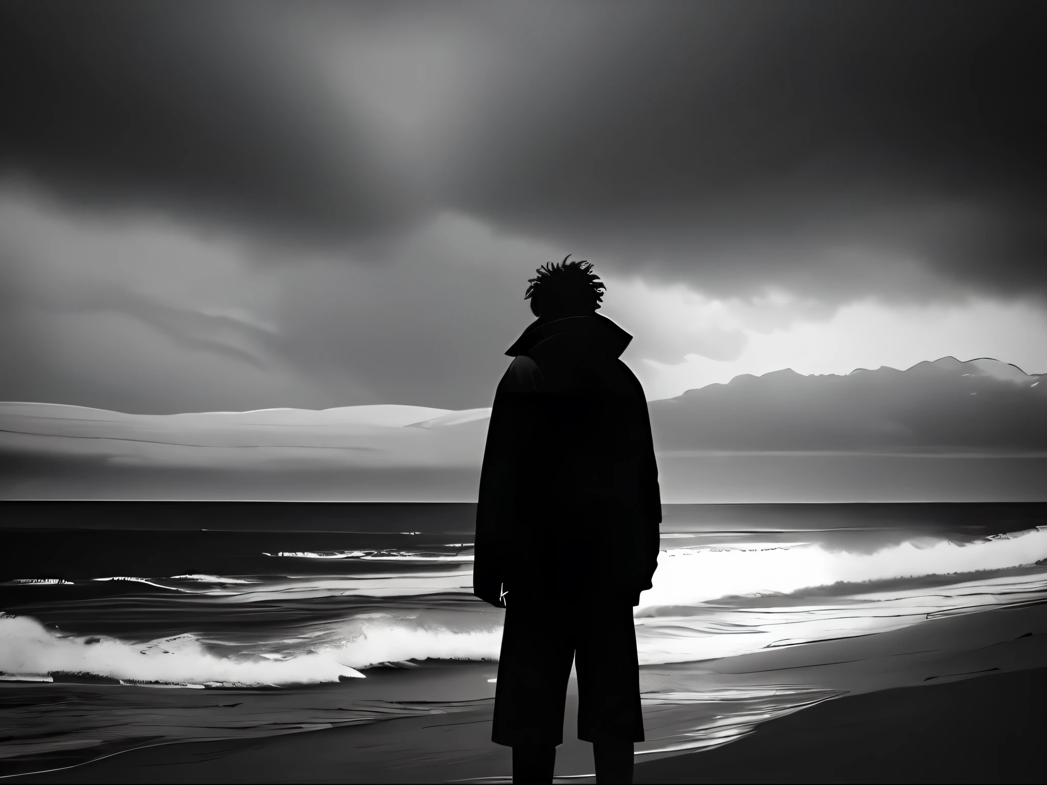 A dramatic seascape with a lone figure standing on the beach. The beach is wide and sandy, stretching as far as the eye can see in either direction. The sea is wild and stormy, with crashing waves and frothing whitecaps. The lone figure in the foreground is standing with their back to the viewer, looking out over the churning sea. They are dressed in heavy, weather-worn clothing and their hair is being whipped around by the strong winds. The sky above is dark and brooding, with storm clouds gathering on the horizon. The lighting is dark and moody, with deep shadows and dramatic highlights adding to the sense of impending storminess. The overall emotion conveyed should be one of awe, respect, and a sense of the raw power of nature.