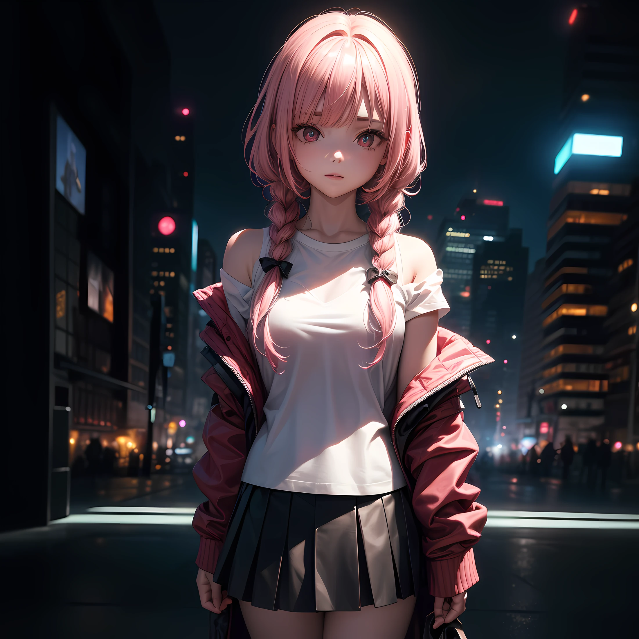 1girl, solo, loli, petite, (very_long_hair), (pink_hair:1.2), braids, (red_eyes), medium_breasts, (white_shirt:1.5), (windbreaker), (off_shoulder:1.2), (portrait), glowing_eyes, background_light, (cityscape:1.5), (pleated skirt, )(neon_lights:1.2), (science), cyberpunk, ((masterpiece)), (highres), (best_quality), (highly_detailed), (original),(Delicate background),(extremely detailed 8K wallpaper),cinematic lighting, volume lighting, light particles, shaded_face, beautiful_detailed_eyes, depth_of_field, perspective, --auto