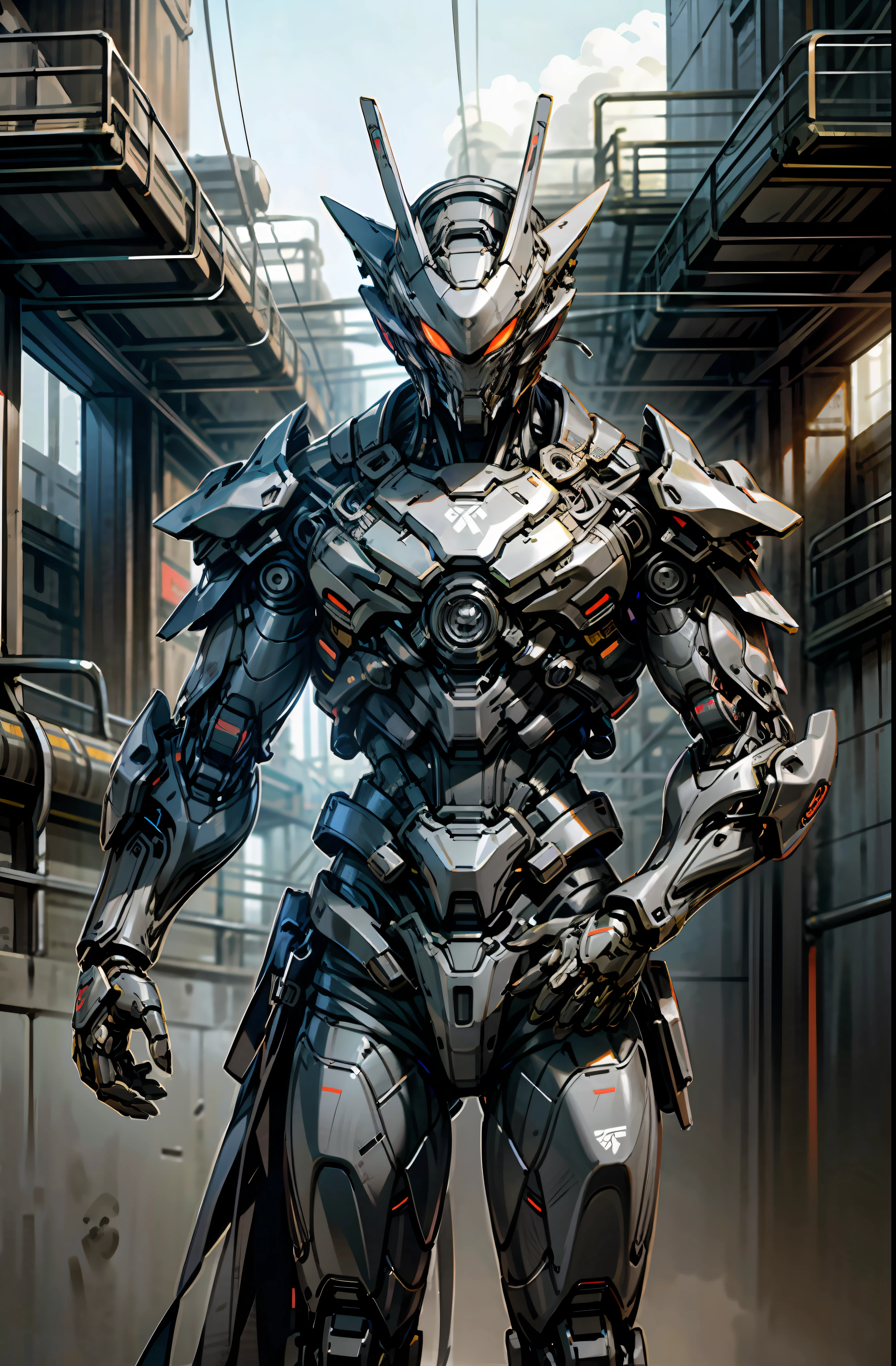 Dark_Fantasy,Cyberpunk,1manMechanical marvel,Robotic presence,Cybernetic guardian, samurai mechanical armour, katana on the waist, absolutely stunning art,wearing a black cloak, highest quality art, highest resolution, hyper detailed,black and red, futuristic, samurai robot, atmospheric,8k,64k, HD, unparalleled masterpiece, dynamic lighting, cinematic, epic