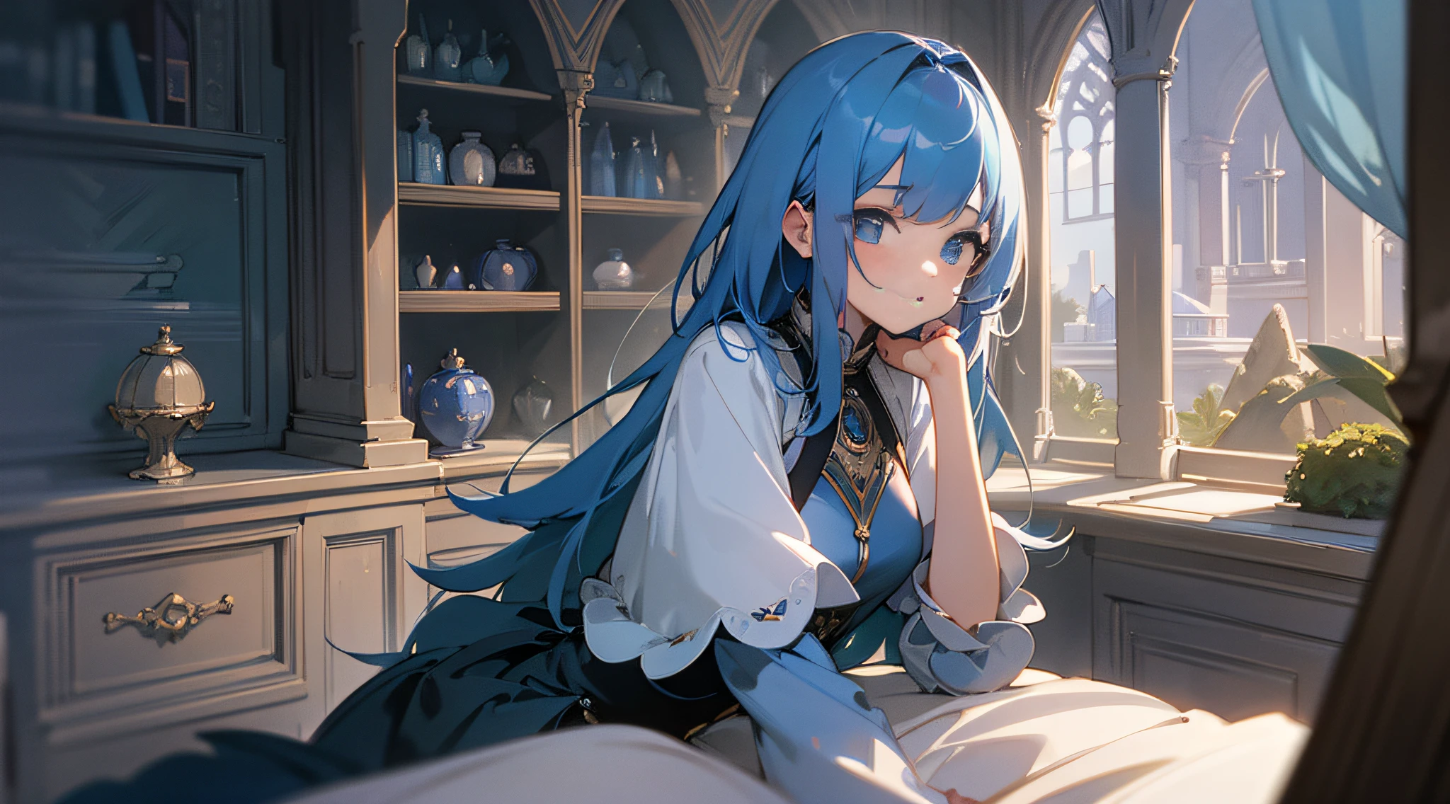 Highest image quality,Delicate depiction,8K screen,Blue-haired girl,Upper body posture,Mysterious stone room on the bed,Fantasy world,Late night atmosphere,Dusk light,Widescreen 16:9,Dark stone bench。
