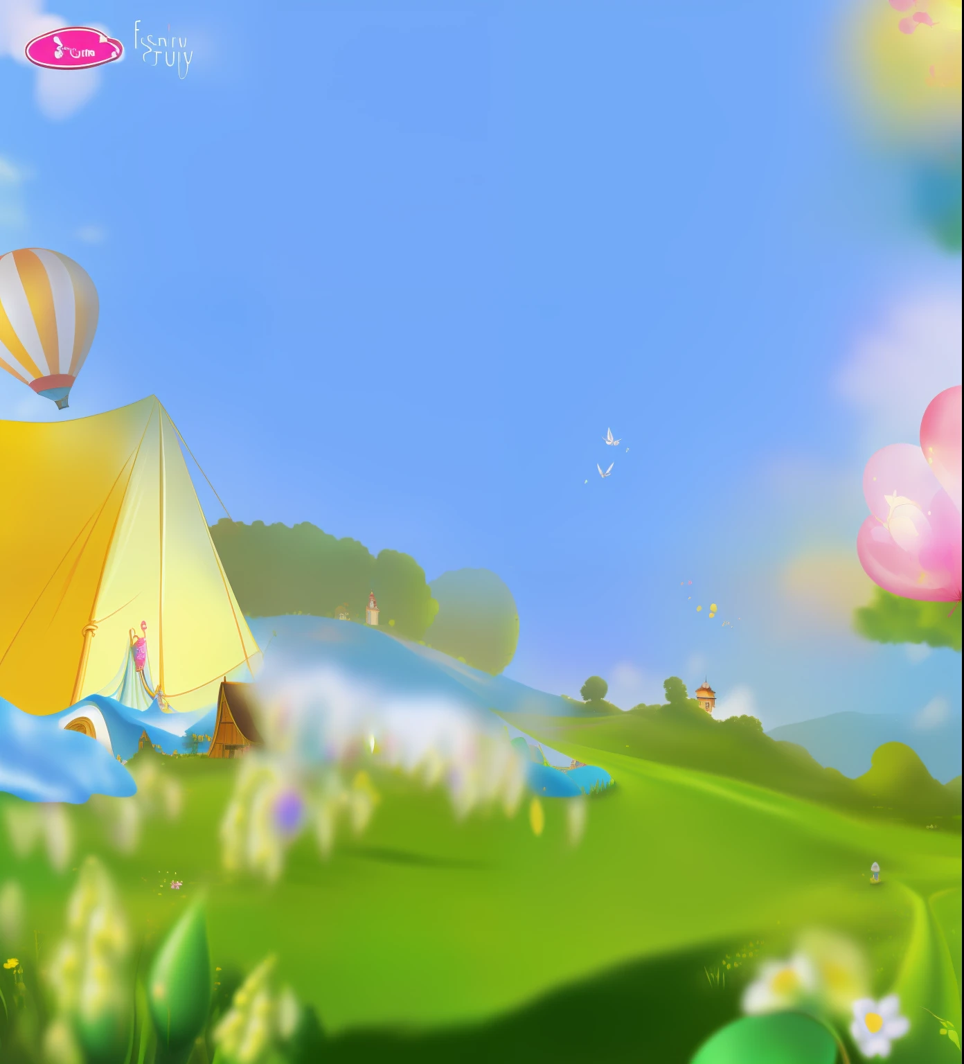 There is a cartoon picture of a field with balloons, breezy background, fairy tale style background, Detailed scenery —width 672, wallpaper - 1 0 2 4, background of flowery hill, Island background, Spring theme, Sunny day background, summer festival in background, stylized background, game background, background artwork, lie on white clouds fairyland