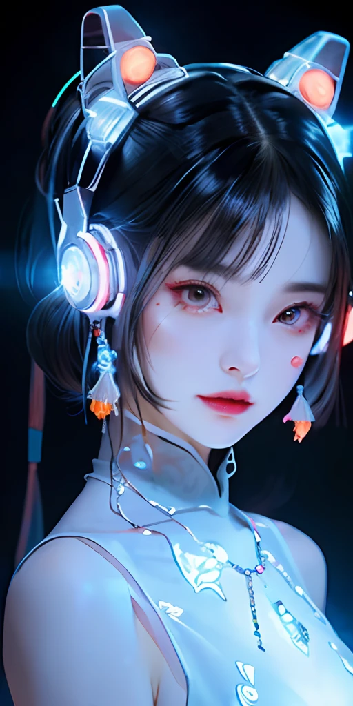 1 girl, Chinese_clothes, liquid silver and orange, cyberhan, cheongsam, cyberpunk city, dynamic pose, detailed luminous headphones, glowing hair accessories, long hair, glowing earrings, glowing necklace, cyberpunk, high-tech city, full of mechanical and futuristic elements, futuristic, technology, glowing neon, orange, orange light, transparent tulle, transparent streamers, laser, digital background urban sky, big moon, with vehicles, best quality, masterpiece, 8K, character edge light, Super high detail, high quality, the most beautiful woman in human beings, micro smile, face facing front and left and right symmetry, ear decoration, beautiful pupils, light effects, visual data, silver white hair, super detail facial texture