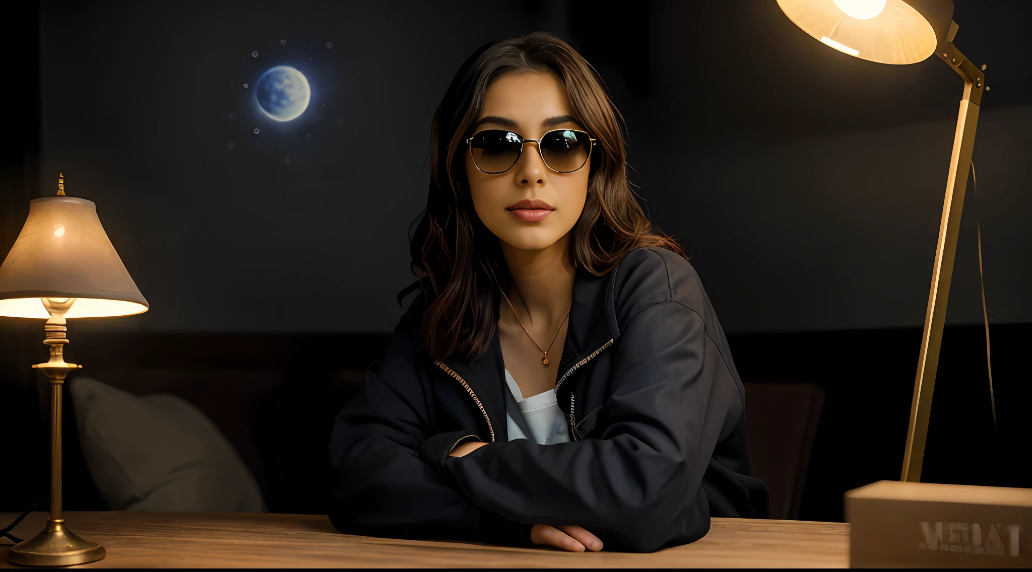garota jovem de 25 anos de idade, is wearing sunglasses, Front view, wearing a jacket, mhtv escrito em sua jaqueta, with his arms on a table, The table has a lamp and decorative astronomy objects, He's in a dark room decorated with an astronomy theme., The photo is ultra realistic, 8k, efeitos de luzes vermelhas, .RAW, (8k, melhor qualidade, obra-prima: 1.2), (detalhes intrincados: 1.4), (fotorrealista: 1.4), soft studio light, Anel luminoso, detalhes vibrantes, Ultra Detalhado, textura de pele realista, rosto detalhado, unidade 8k papel de parede, maquiagem, fundo detalhado