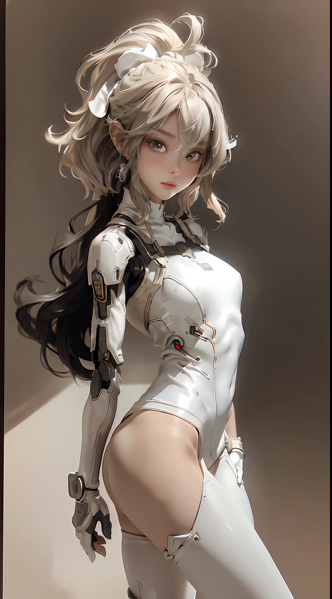 Extremely cute human eighteen year old girl face，Human torso，Human moderate chest，Human abdomen，Human buttocks，machine arm，mechanical leg，The arms and legs have a hard white shiny shell and black joints，Very pretty and feminine，short stature，petite，Little big breasts柄，Little big breasts柄，a plump buttocks，medium chest circumference，cleavage display，Flat abdominal display，Part of the helmet with antenna is on the ear，black robot joints，very fashion，award-winning product design，Black rubber tights，Shiny white metal breastplates open at cleavage and abdomen，White metal buttocks with folds，Armor has fashion、Glowing trim