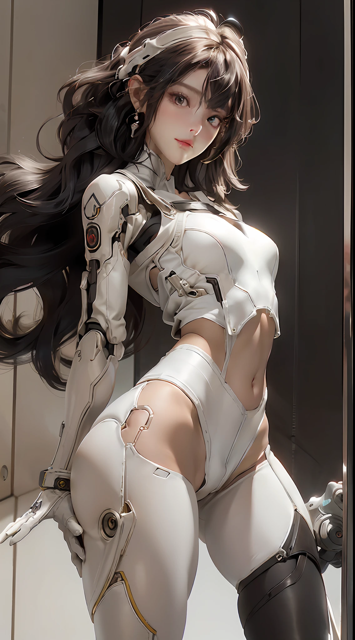 Extremely cute human girl face,Human torso,Human moderate chest,Human abdomen,Human buttocks,machine arm,mechanical leg,The arms and legs have a hard white shiny shell and black joints,Very pretty and feminine,short stature,petite,Little big breasts柄,Little big breasts柄,a plump buttocks,medium chest circumference,cleavage display,Flat abdominal display,Part of the helmet with antenna is on the ear,black robot joints,very fashion,award-winning product design,Black rubber tights,Shiny white metal breastplates open at cleavage and abdomen,White metal buttocks with folds,Armor has fashion、Glowing trim