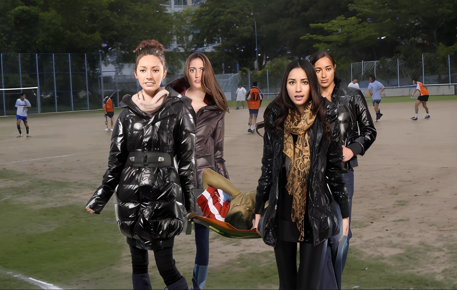 a soccer scene in a sports stadium, cool and wet weather conditions, humide ground, rainy sky, injury scene in a sports stadium, stretcher carry, there are four female medics carrying a stretcher, there are four female medics in very shiny coats who are carrying a stretcher in a sports stadium, there is a wounded male soccer player in a matte short cotton sports outfit lying on the stretcher, an injured male soccer player in matte cotton sportswear is lying in pain on a stretcher, a soccer player in matte cotton sports clothes is rearing up in intense pain while lying on a stretcher, dramatic scene, theatralic posing scene, dramatic pity scene, injury soccer, first aid, help, pity, there are four female medics in wetlook high-shine coats who are looking very sad and very terrified and very shocked, the injured soccer player is screaming out in pain while he is carried from the pitch on a stretcher