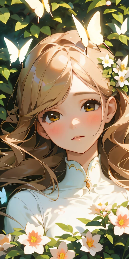 (best quality, masterpiece, ultra-realistic), portrait of 1 beautiful and delicate girl, with a soft and peaceful expression, the background scenery is a garden with flowering bushes and butterflies flying around.