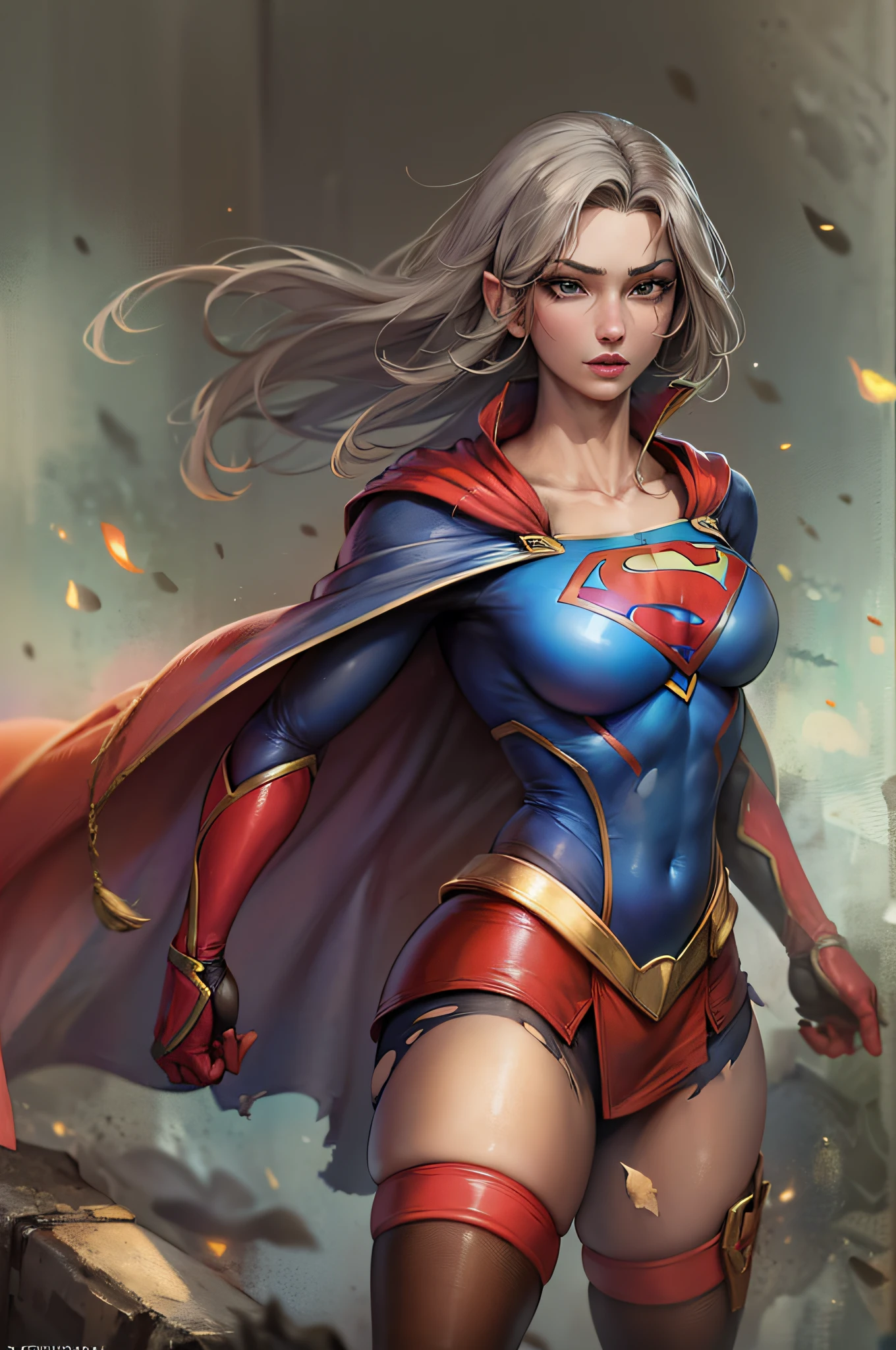 (8k, qualidade superior, melhor qualidade, obra-prima, altamente detalhado: 1.2), supergirl, 1 mulher, sexy, (peito grande, cintura fina, bunda grande), corpo definido, linda, extremely torn costumes consequence of battles, riqueza nos detalhes