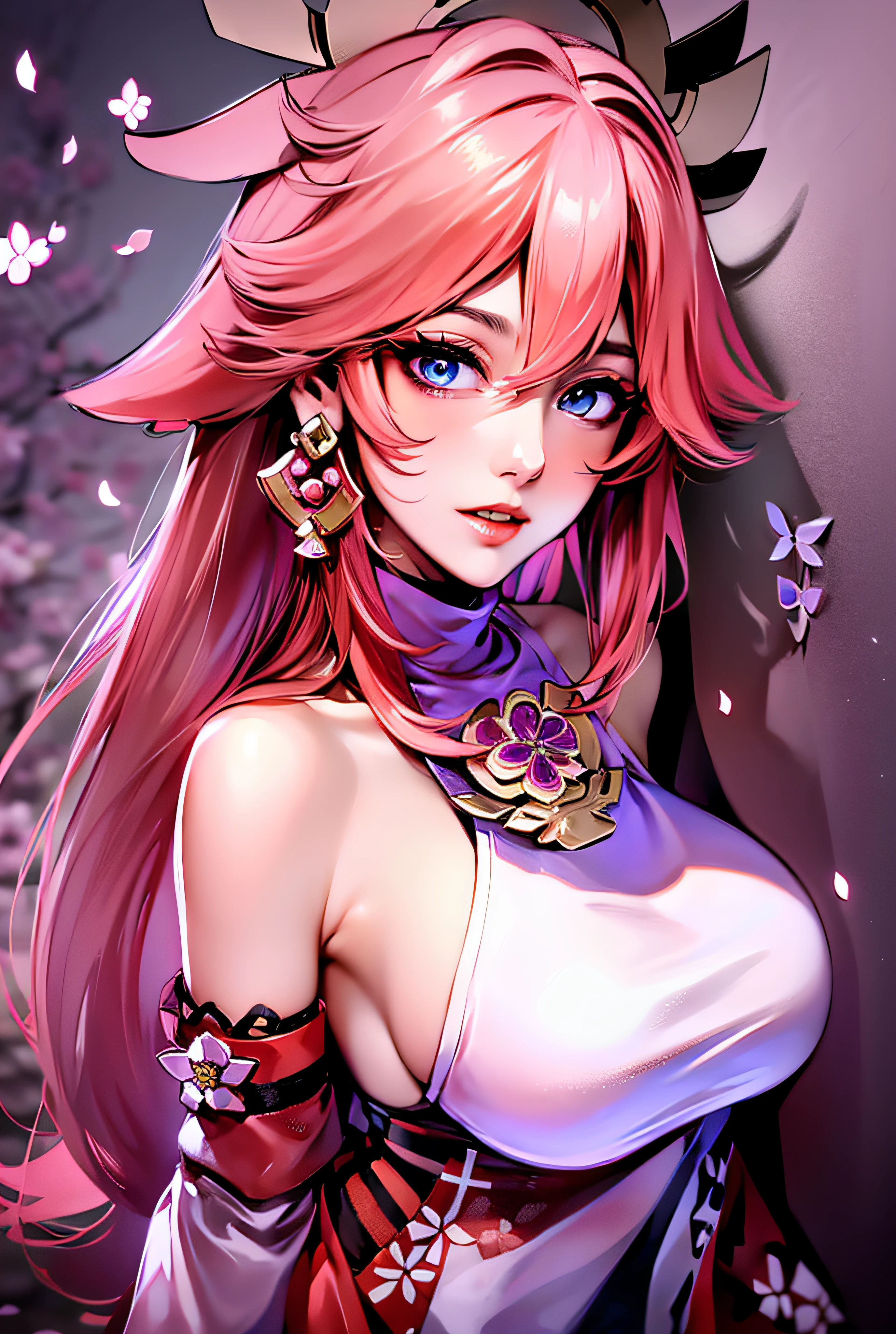 (Masterpiece, Excellent, 1girl, solo, complex details, color difference), realism, ((medium breath)), off-the-shoulders, big breasts, sexy, Yae Miko, long pink hair, red headdress, red highlight, hair above one eye, green eyes, earrings, sharp eyes, perfectly symmetrical figure, choker, neon shirt, open jacket, turtleneck sweater, against the wall, brick wall, graffiti, dim lighting, alley, looking at the audience, ((mean, seductive, charming)), ((cherry blossom background))),((Japanese temple background)))), (((Glow-in-the-dark background))), (dynamic pose), tulle, bare shoulders, blooming flower fields, radiant skin, faint smile, sexy, bust, , seen from above