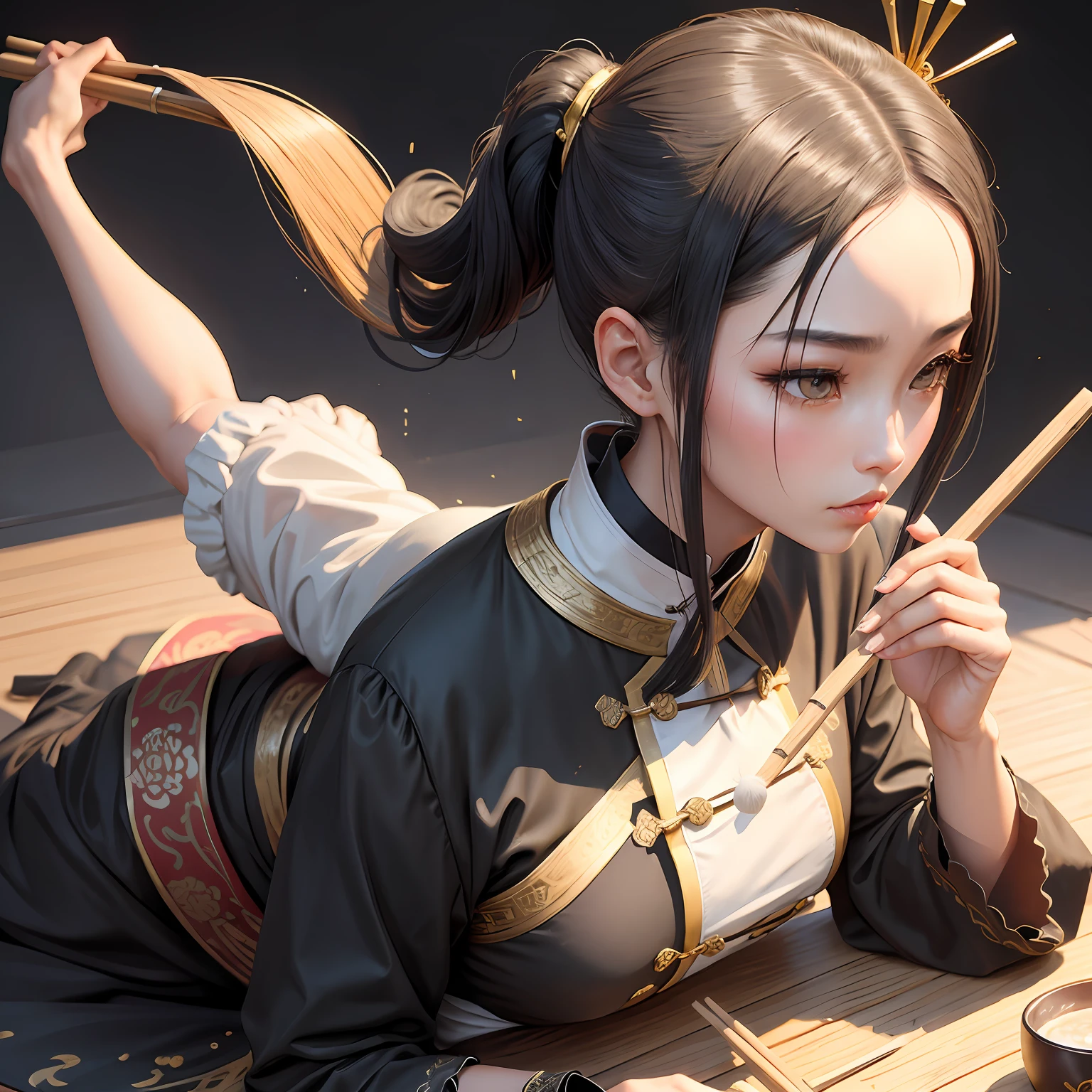 Chinese,Black high ponytail,period costume,Take the brush,Floating gold brush lettering,Bamboo slips