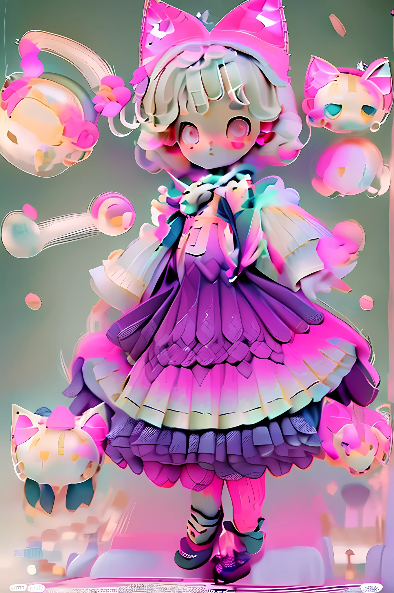 cats,personification,pink short hair,White pink Lolita dress,Mary Jane shoes,Bone hairpins