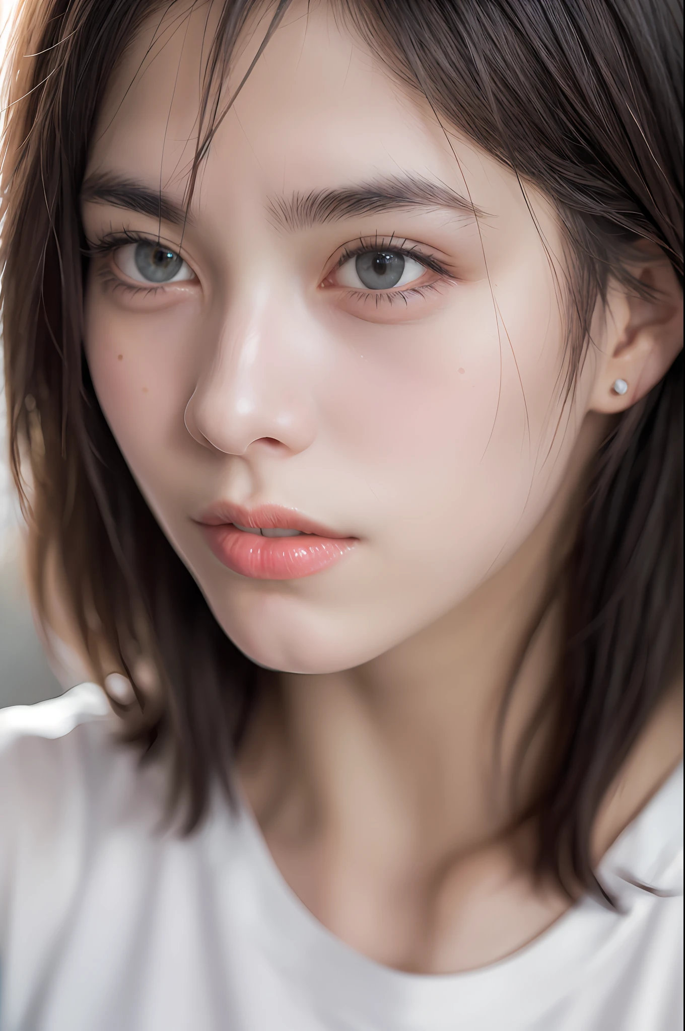dressed, (photo realistic:1.4), (hyper realistic:1.4), (realistic:1.3),
(smoother lighting:1.05), (increase cinematic lighting quality:0.9), 32K,
1girl,20yo girl, realistic lighting, backlighting, light on face, ray trace, (brightening light:1.2), (Increase quality:1.4),
(best quality real texture skin:1.4), finely detailed eyes, finely detailed face, finely quality eyes,
(tired and sleepy and satisfied:0.0), face closeup, t-shirts,
(Increase body line mood:1.1), (Increase skin texture beauty:1.1)