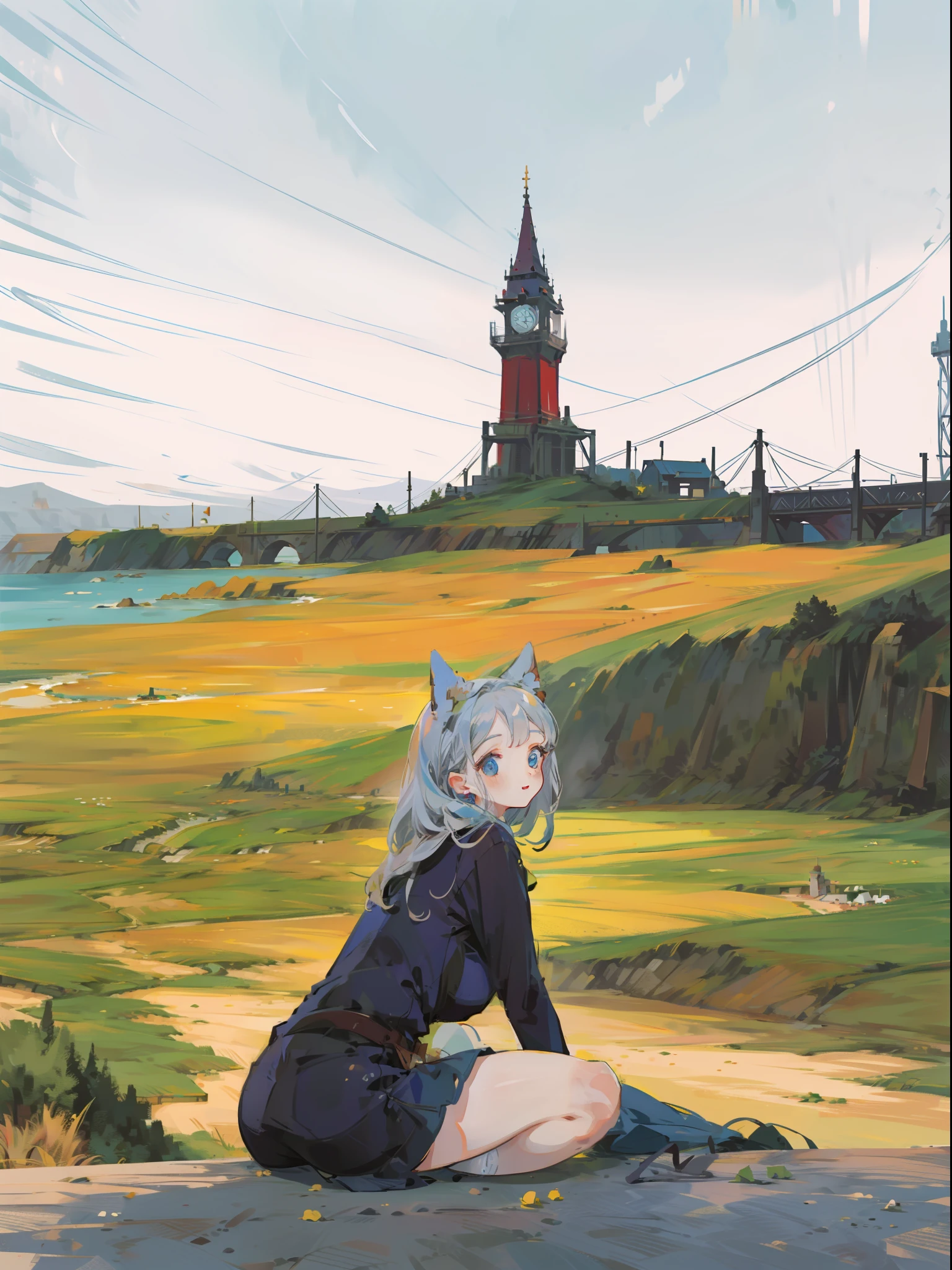 Very beautiful woman sitting next to a big clock on top of a high brick tower。Smiling。Composition looking down from above。。Silver wavy hair。Dress with the image of work clothes with beautiful ruffles and decorations。overknee socks。Brick cityscapes are lined up under the tower。Expansive blue sky。Dynamic composition with depth。Extremely high quality、high-level image quality、Extremely delicate drawing。Rarely seen workmanship