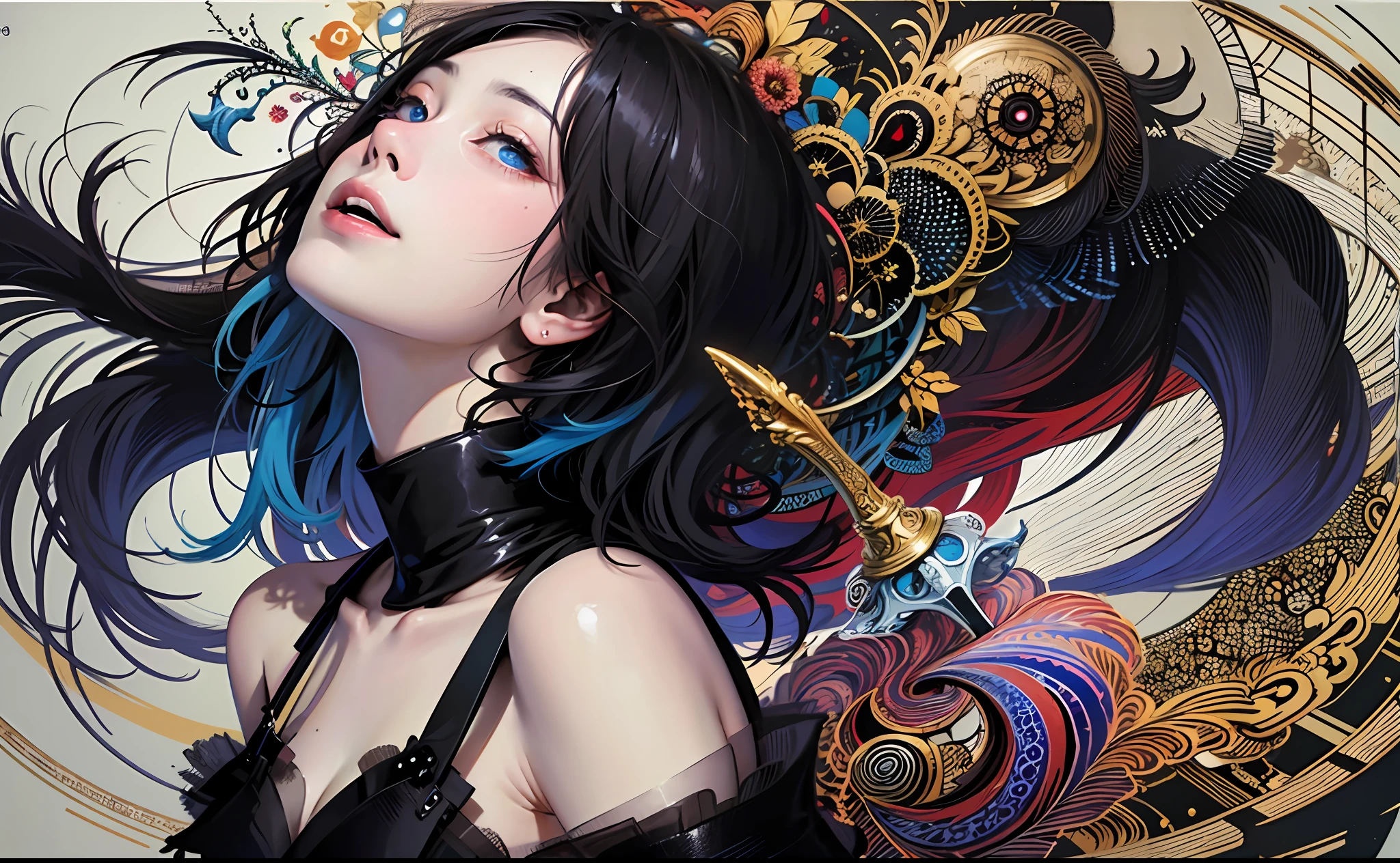 official art, unity 8k wallpaper, ultra detailed, beautiful and aesthetic, masterpiece, best quality, (zentangle, mandala, tangle, entangle), (fractal art:1.3) , 1girl, extremely detailed, dynamic angle, the most beautiful form of chaos, elegant, a brutalist designed, vivid colours, romanticism, by james jean, roby dwi antono, ross tran, francis bacon, michal mraz, adrian ghenie, petra cortright, gerhard richter, takato yamamoto, ashley wood, atmospheric, ecstasy of musical notes, streaming musical notes visible,