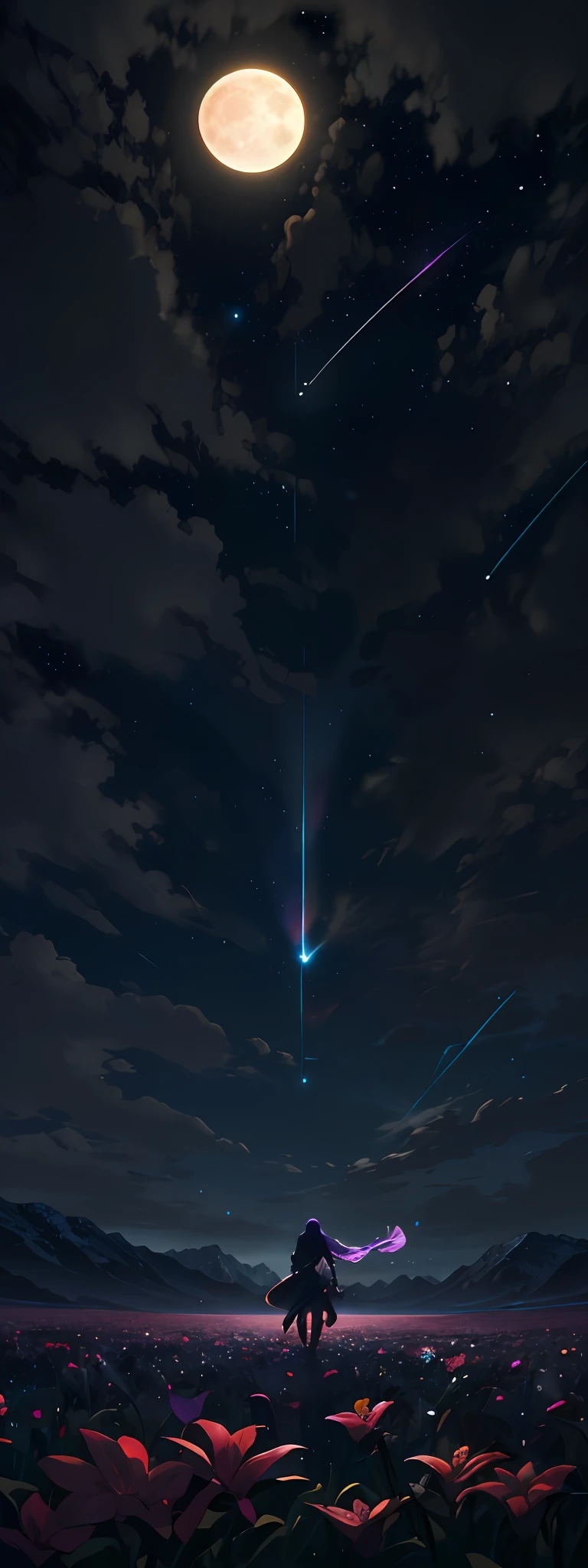 A wide landscape photo, (viewed from below, the sky is above, and the open field is below), a girl standing on a flower field looking up, (full moon: 1.2), (meteor: 0.9), (nebula: 1.3), distant mountains , Trees BREAK Crafting Art, (Warm Light: 1.2), (Firefly: 1.2), Lights, Lots of Purple and Orange, Intricate Details, Volumetric Lighting BREAK (Masterpiece: 1.2), (Best Quality), 4k, Ultra Detailed, (Dynamic Composition: 1.4), Rich in Detail and Color, (Rainbow Color: 1.2), (Glow, Atmospheric Lighting), Dreamy, Magical, (Solo: 1.2)