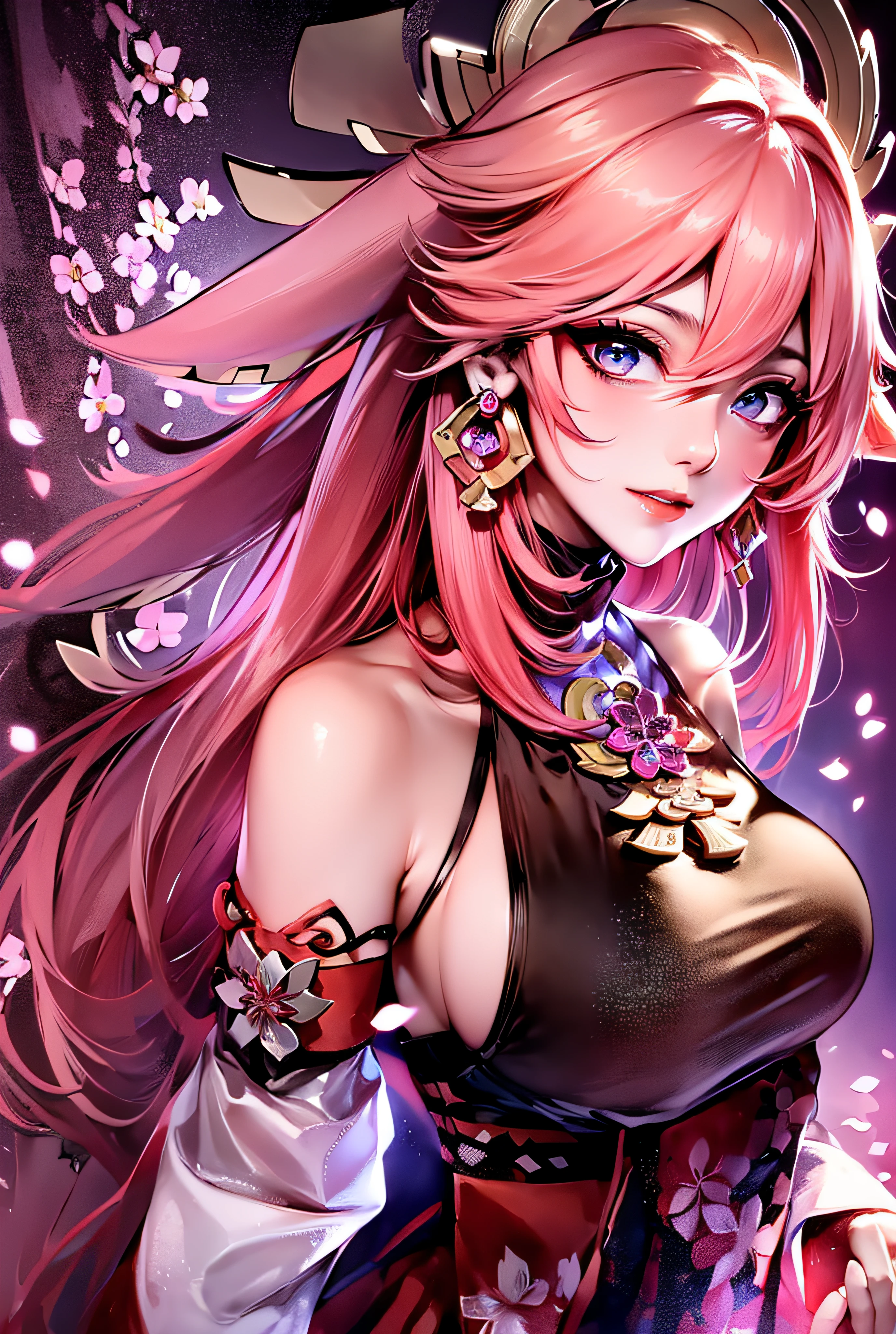 (Masterpiece, Excellent, 1girl, solo, complex details, color difference), realism, ((medium breath)), off-the-shoulders, big breasts, sexy, Yae Miko, long pink hair, red headdress, red highlight, hair above one eye, green eyes, earrings, sharp eyes, perfectly symmetrical figure, choker, neon shirt, open jacket, turtleneck sweater, against the wall, brick wall, graffiti, dim lighting, alley, looking at the audience, ((mean, seductive, charming)), ((cherry blossom background))),((Japanese temple background)))), (((Glow-in-the-dark background))), (dynamic pose), tulle, bare shoulders, blooming flower fields, radiant skin, faint smile, sexy, bust, , seen from above